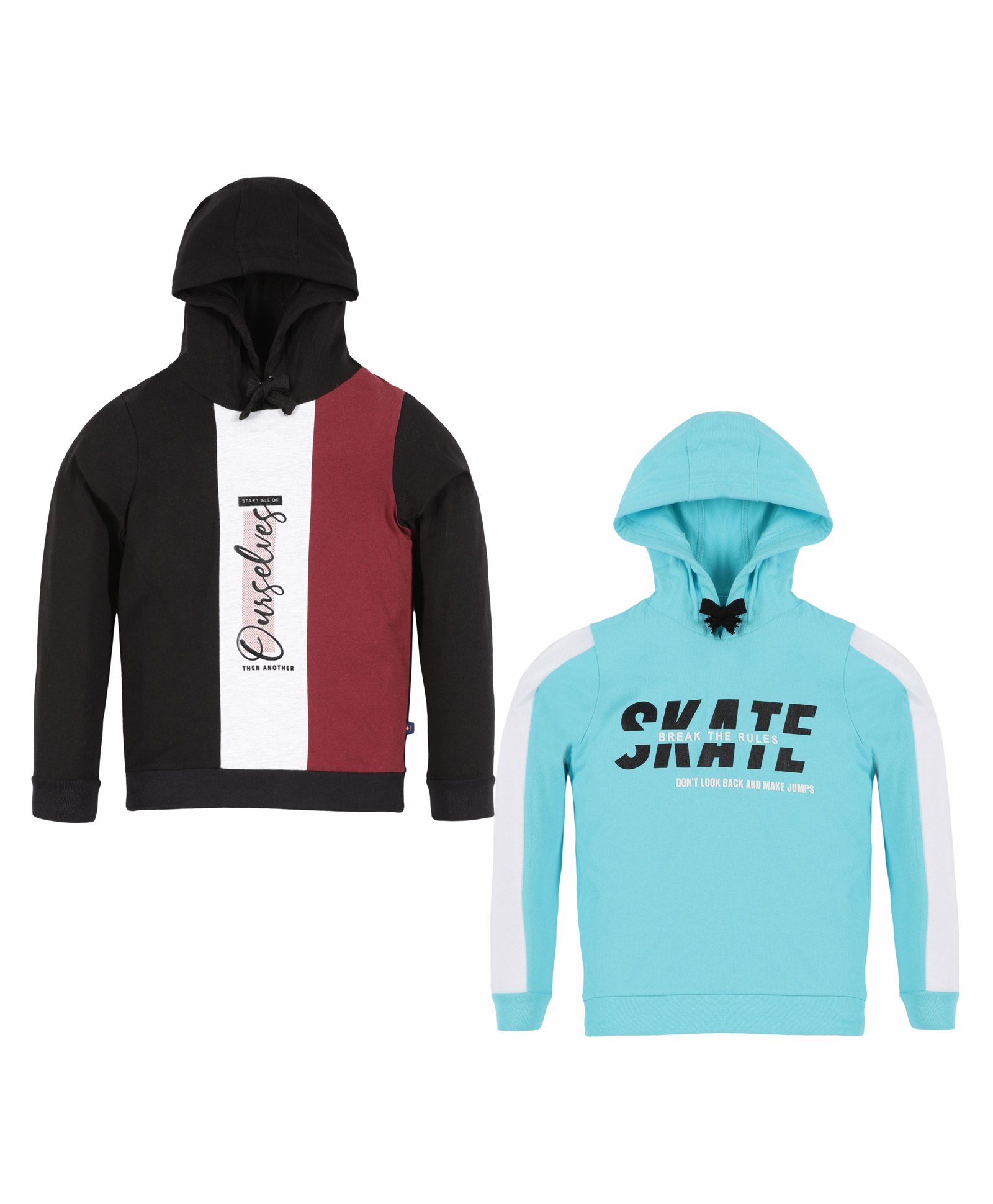3PIN Pack Of 2 Full Sleeves Placement Ourselves & Skate Text Printed Colour Blocked Hoodies - Black & Blue-image-1