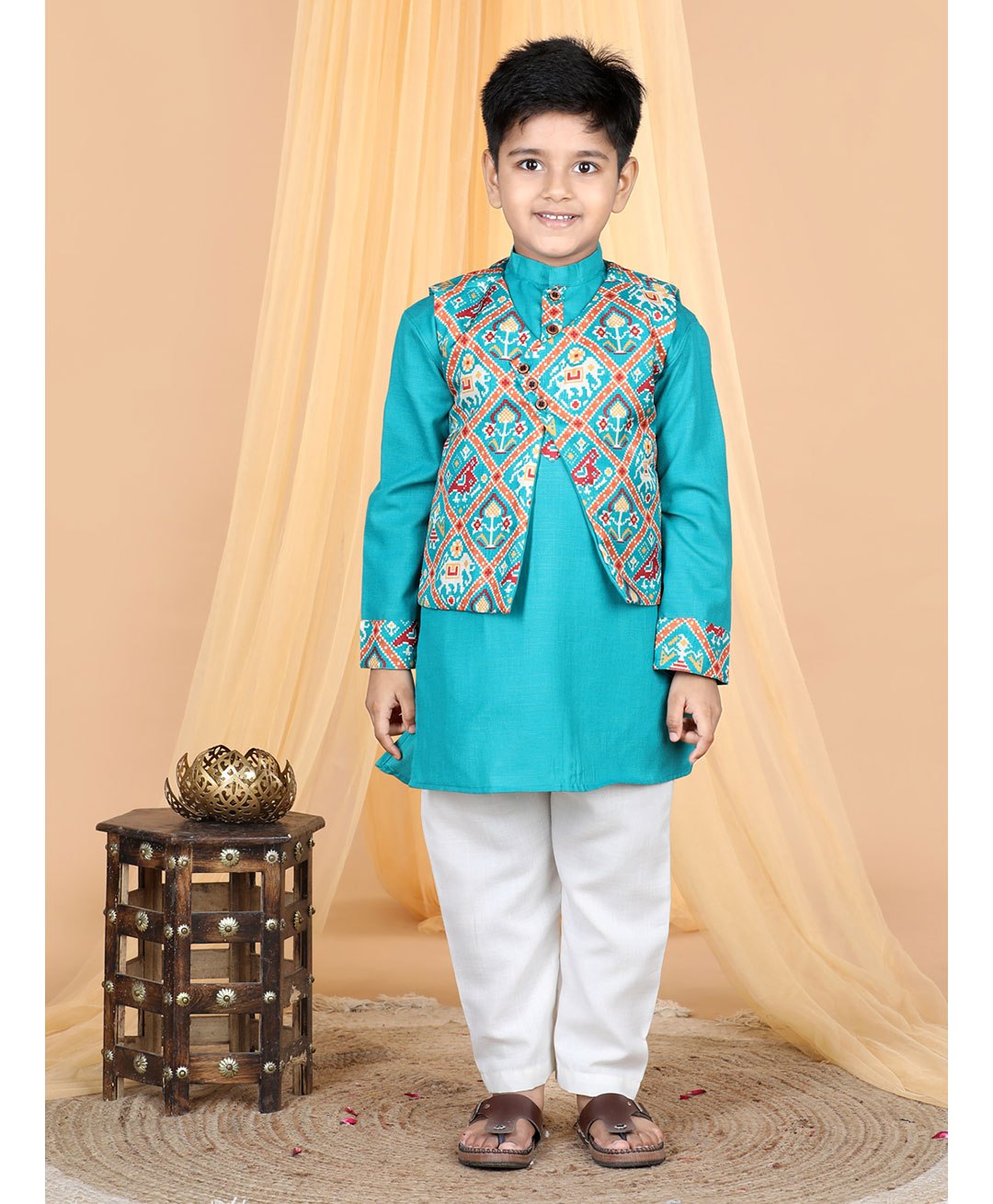 Kinder Kids Full Sleeves Solid Kurta And Pyjama With Patola Printed Jacket - Green-image-26