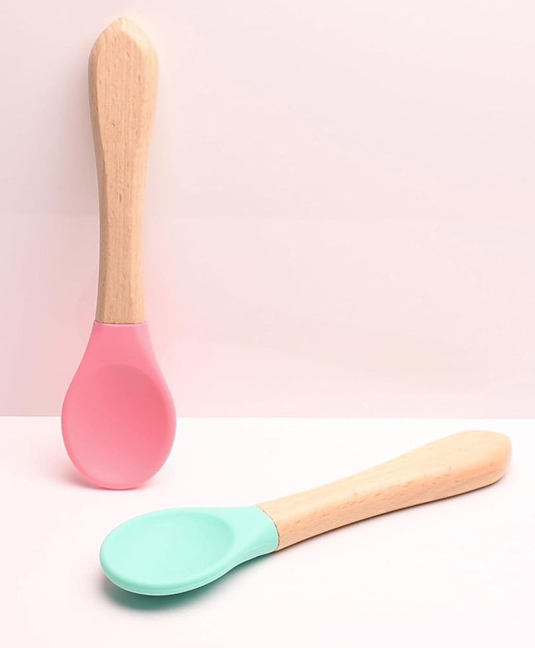 THE LITTLE LOOKERS Silicone Spoon with Bamboo Handle, BPA Free Feeding Spoons for Baby/Kids/Toddlers - Pink & Green (Pack of 2)-picture-37