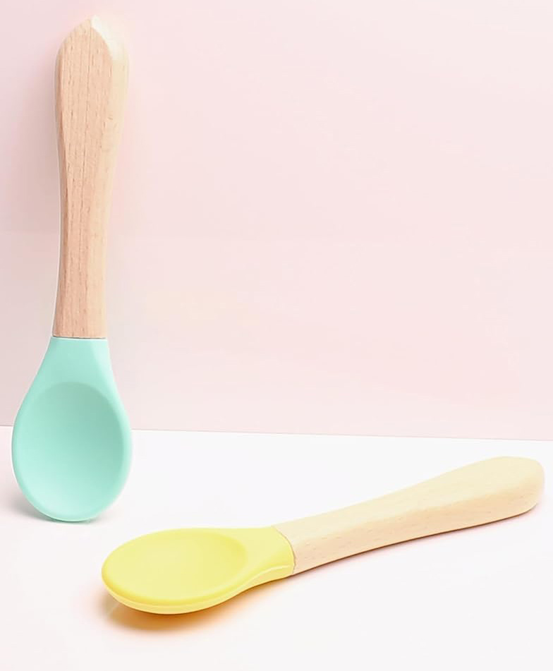 THE LITTLE LOOKERS Silicone Spoon with Bamboo Handle BPA Free Feeding Spoons for Baby/Kids/Toddlers - Green & Yellow (Pack of 2)-picture-18