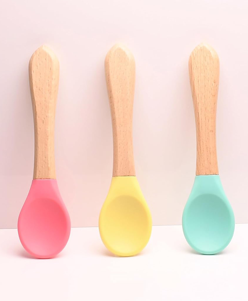 THE LITTLE LOOKERS Silicone Spoon with Bamboo Handle BPA Free Feeding Spoons for Baby/Kids/Toddlers - Multicolor (Pack of 3)-image-35