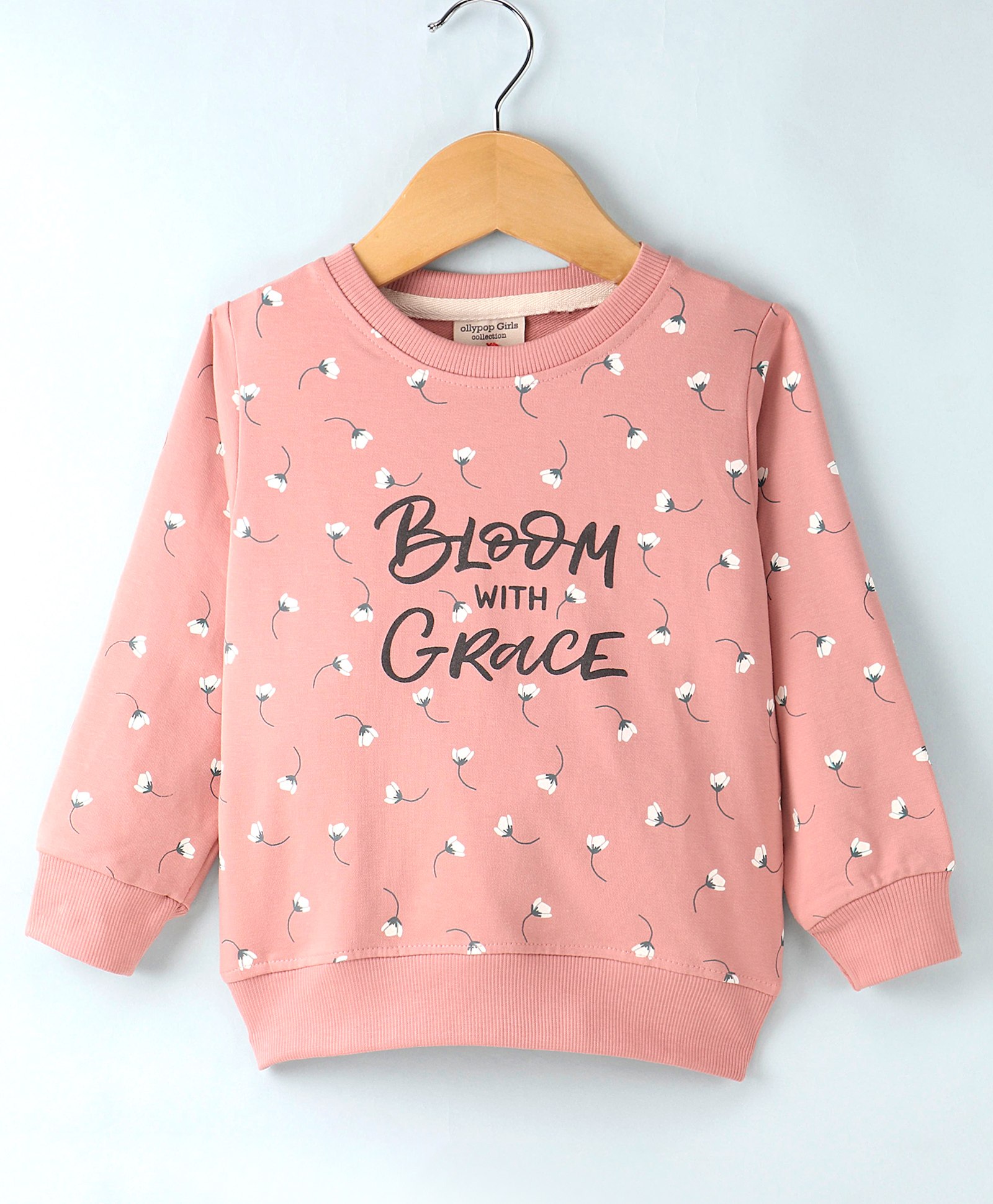 Ollypop Cotton Looper Knit Full Sleeves T-Shirt with Text Print- Peach-image-12