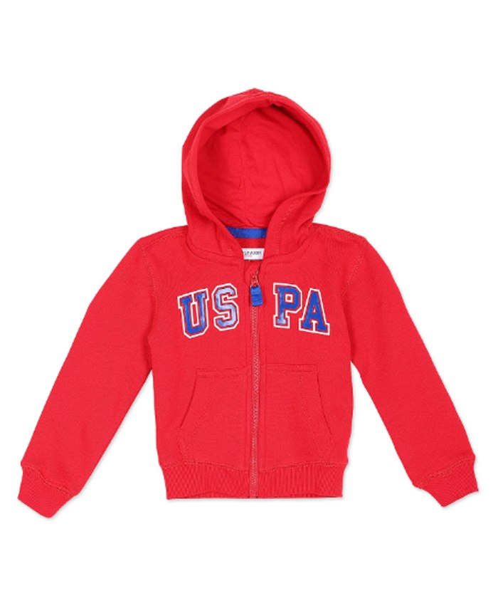 US Polo Assn Full Sleeves Hooded Sweatjacket with Kangaroo Pockets & Logo Print - Red-image-21
