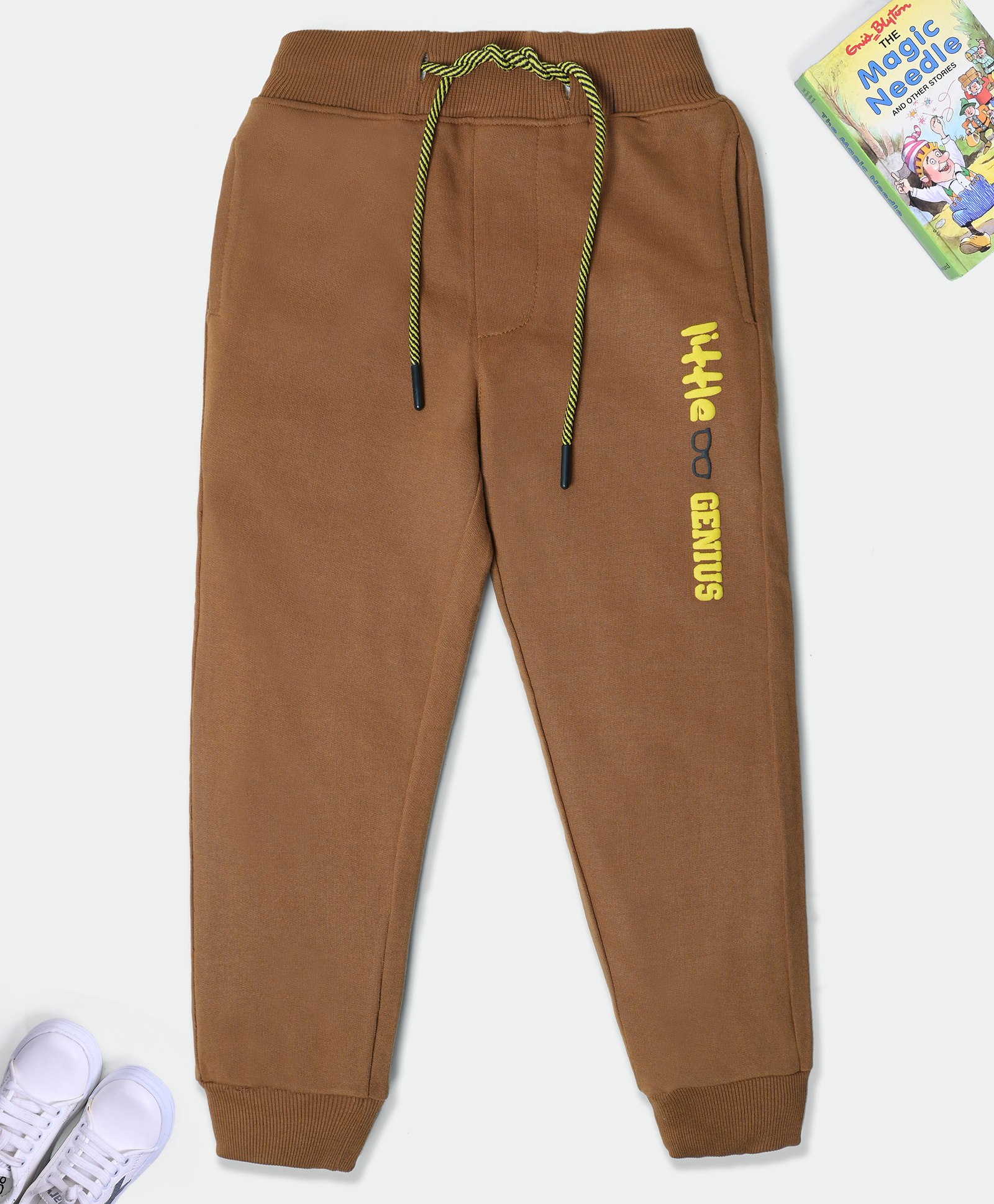 Nino Togs Cotton Loop Knit Little & Genius HD Text Printed Joggers - Brown-image-15