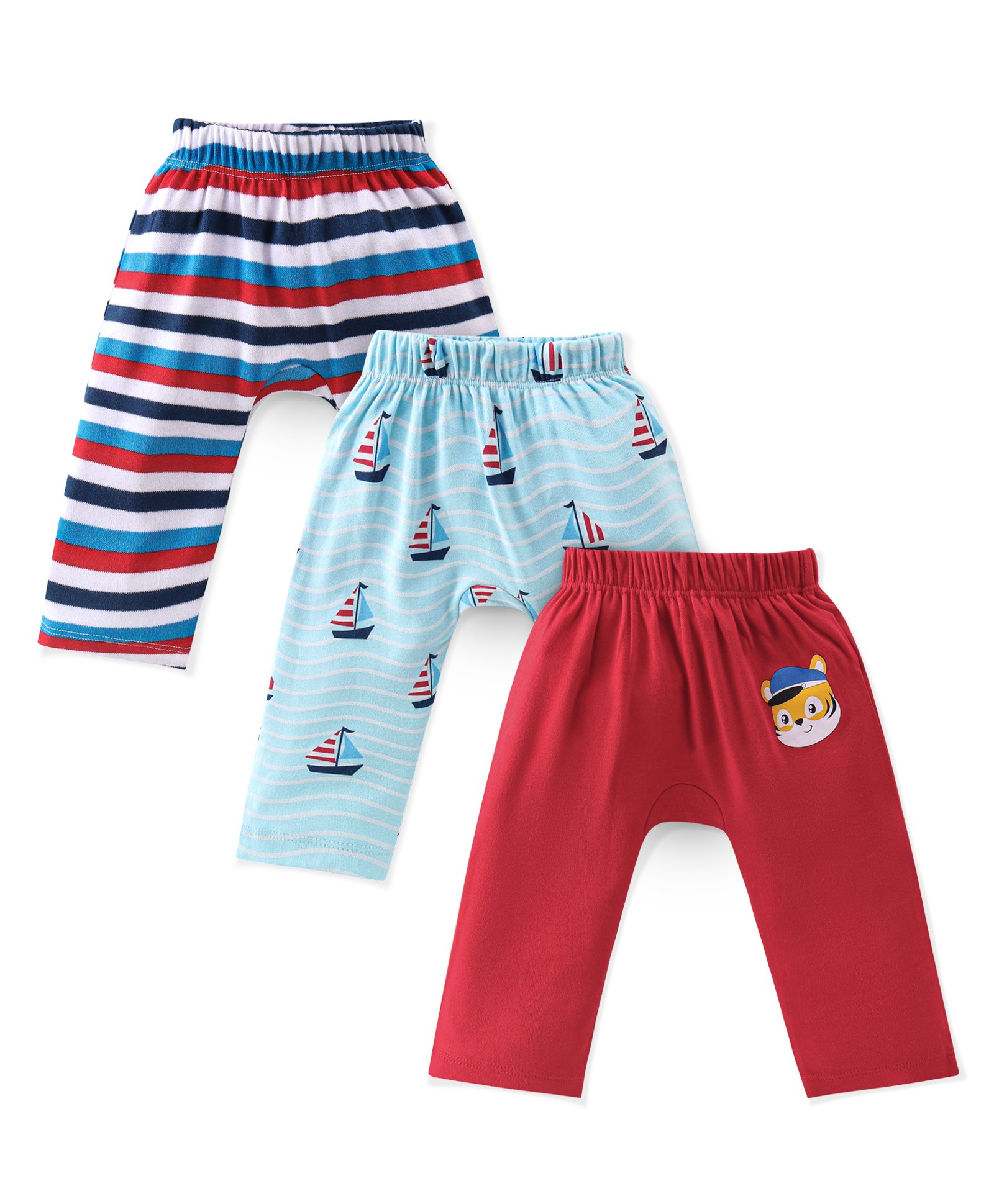 Babyhug Cotton Interlock Knit Full Length Diaper Pant Stripes & Boat Print Pack of 3 - Multicolor-picture-16