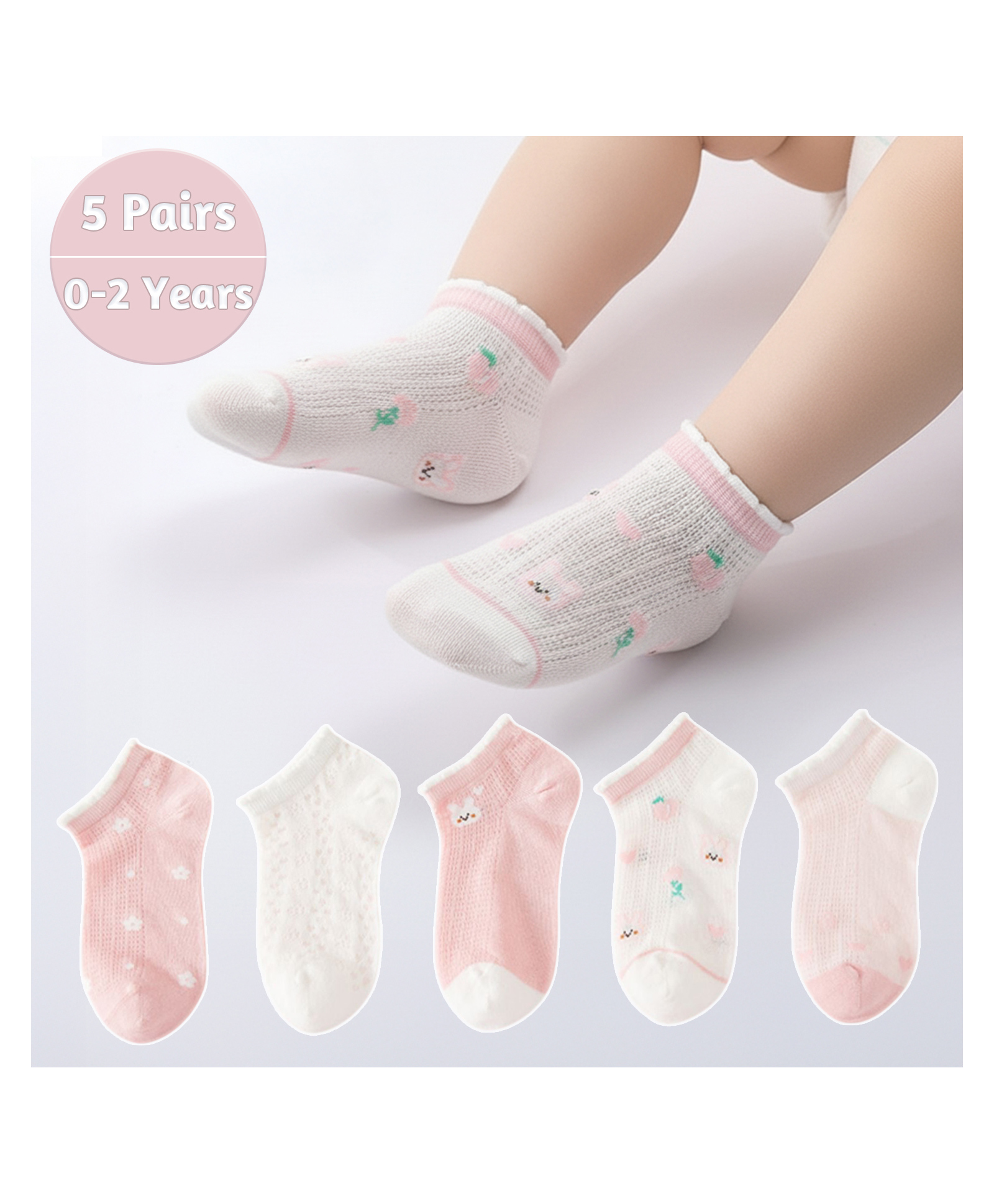 SYGA 5 Pairs Baby Girl Boy Socks, Toddlers Infant Cotton Warm Stretch Crew Socks with Pink Rabit Design, Suitable Age For 0-2 Years baby