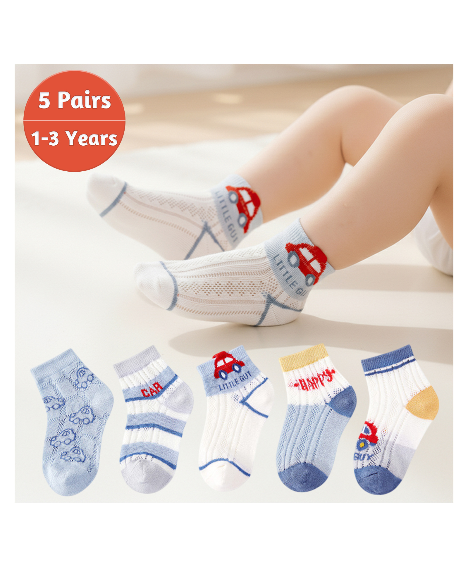 SYGA 5 Pairs Baby Girl & Baby Boy Socks, Toddlers Infant Cotton Stretch Crew Socks with Car Design, Suitable for 0-2 Year baby-image-14