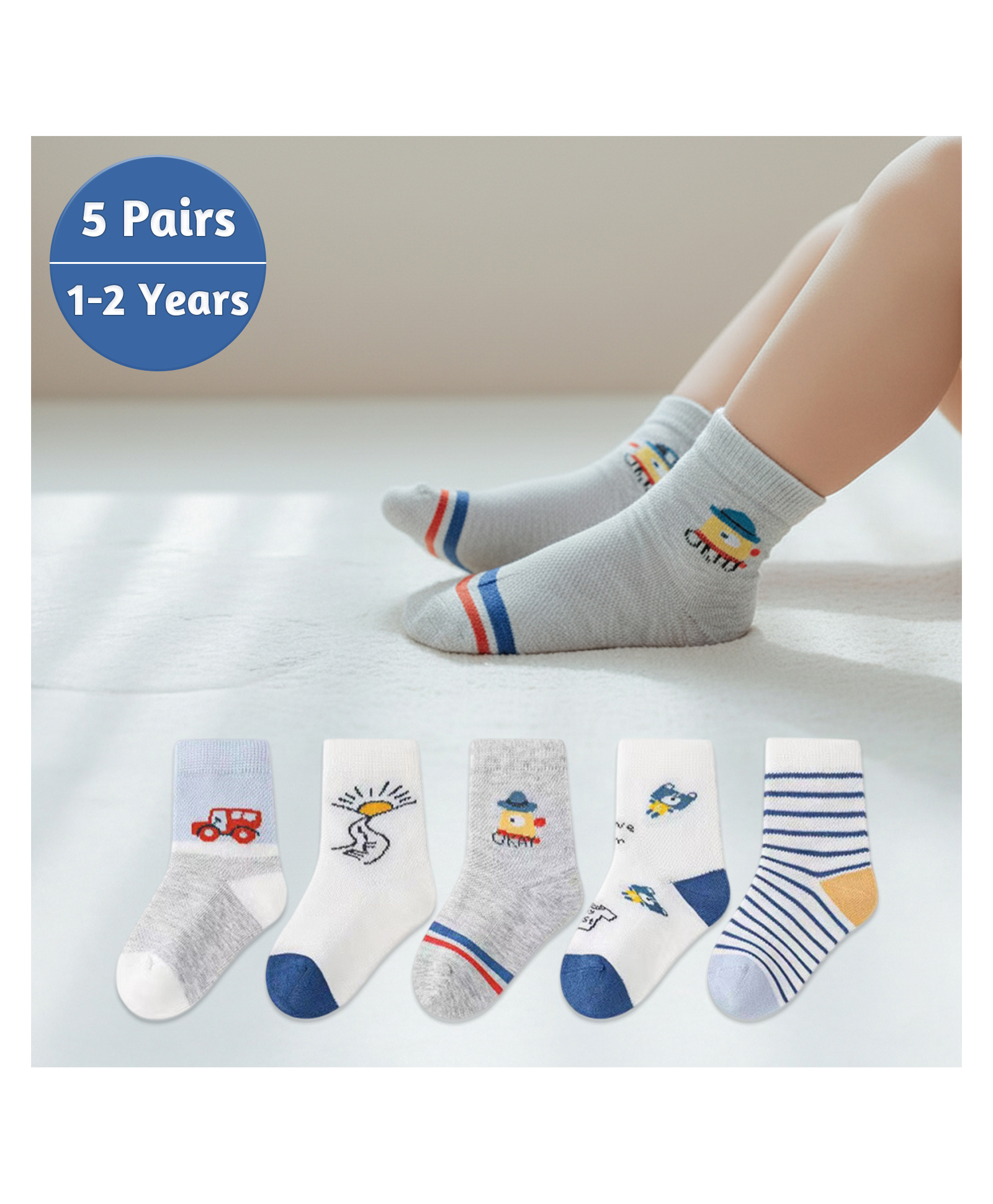 SYGA 5 Pairs Baby Girl & Baby Boy Socks, Toddlers Infant Cotton Stretch Crew Socks with White Car Design, Suitable for 0-2 Years baby-image-3