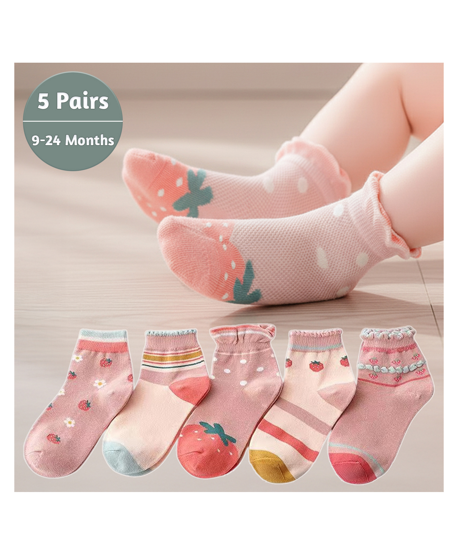 SYGA 5 Pairs Baby Girl & Baby Boy Socks, Toddlers Infant Cotton Stretch Crew Socks with Light Strawberry Design, Suitable for 0-2 Years baby