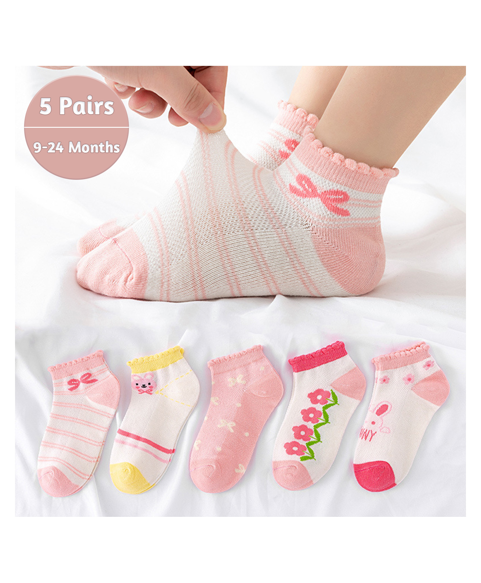 SYGA 5 Pairs Baby Girl & Baby Boy Socks, Toddlers Infant Cotton Stretch Crew Socks with Tiny Rabit Design.-image-20