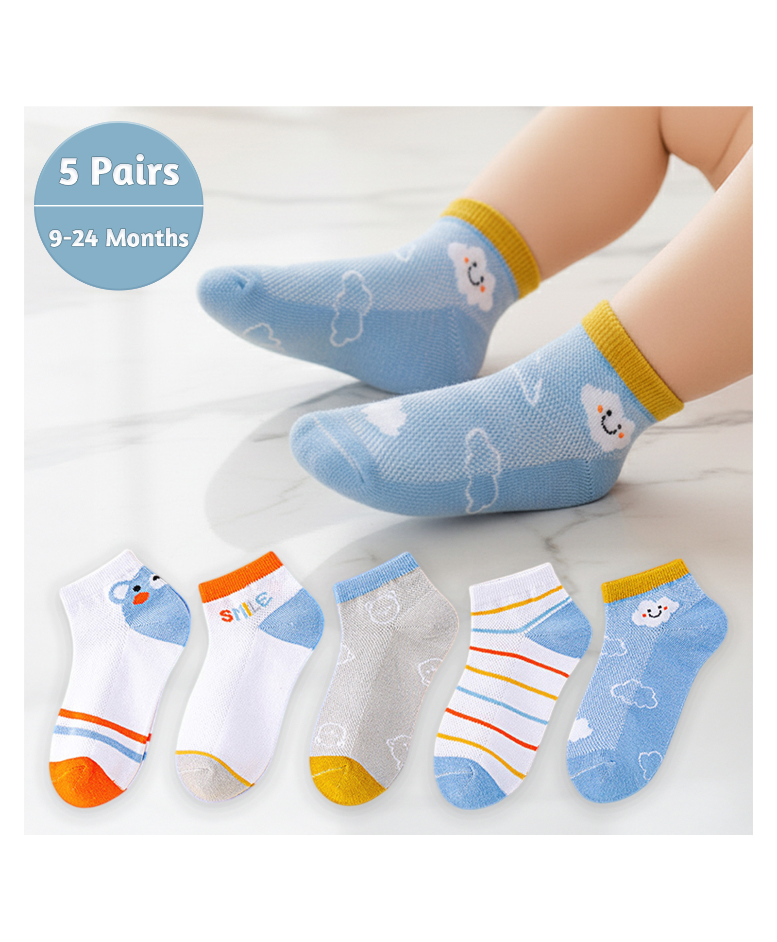 SYGA 5 Pairs Baby Girl & Baby Boy Socks, Toddlers Infant Cotton Stretch Crew Socks with Cloud Design.-image-37