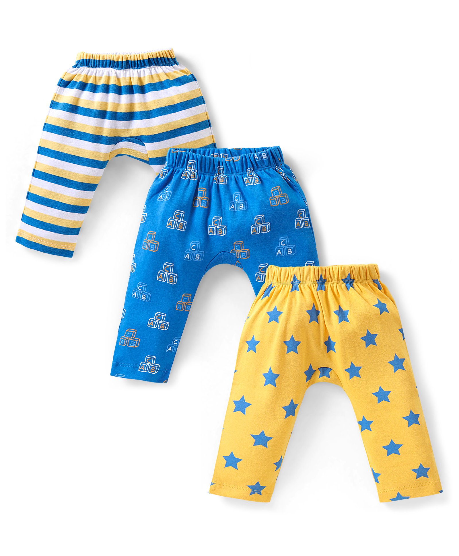 Babyhug Interlock Knit Full Length Diaper Legging Stripes & Star Print Pack of 3 - Yellow White & Blue-image-12