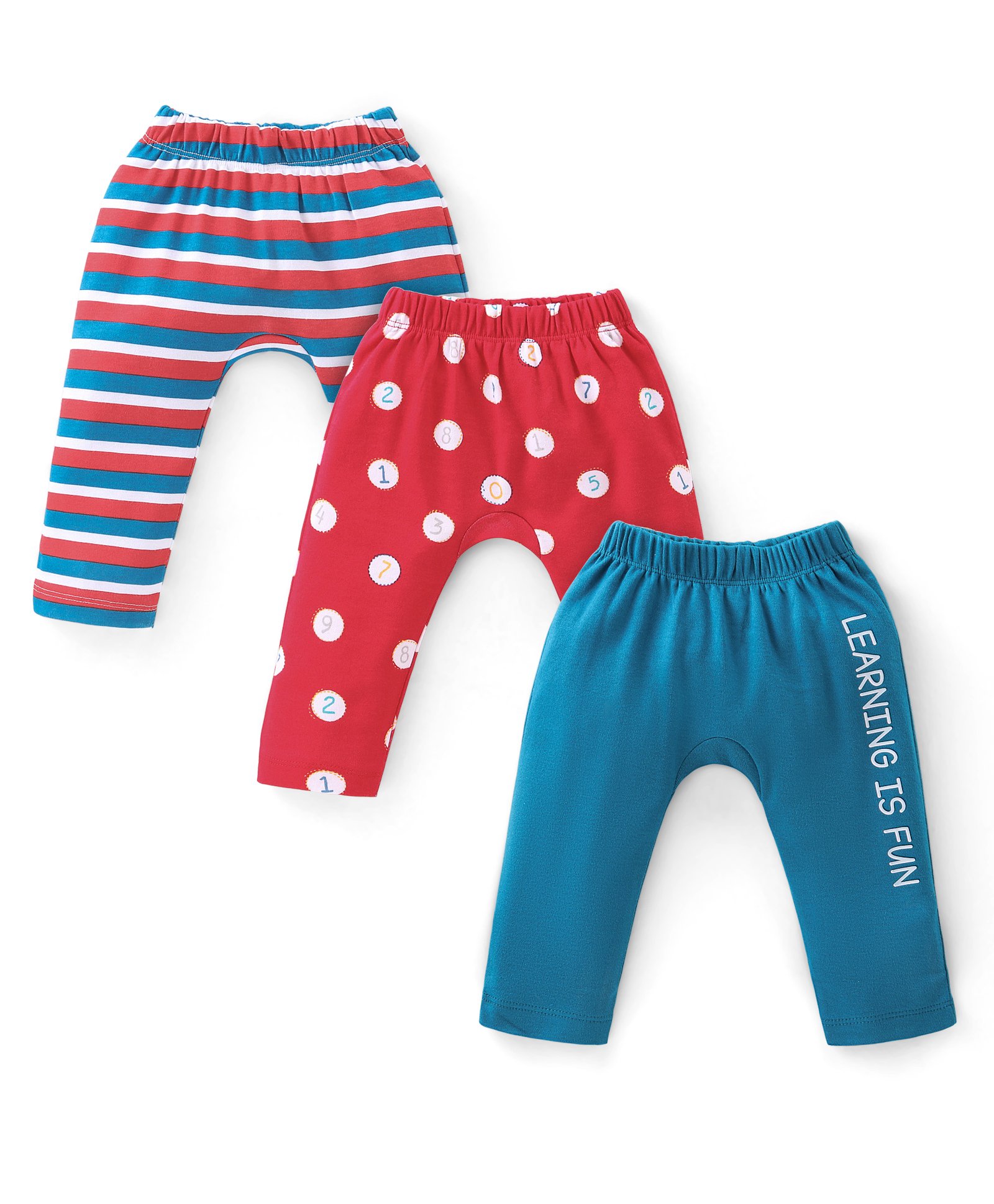 Babyhug Cotton Full Length Diaper Pant Stipes & Numbers Print Pack of 3 - Blue & Red-image-5
