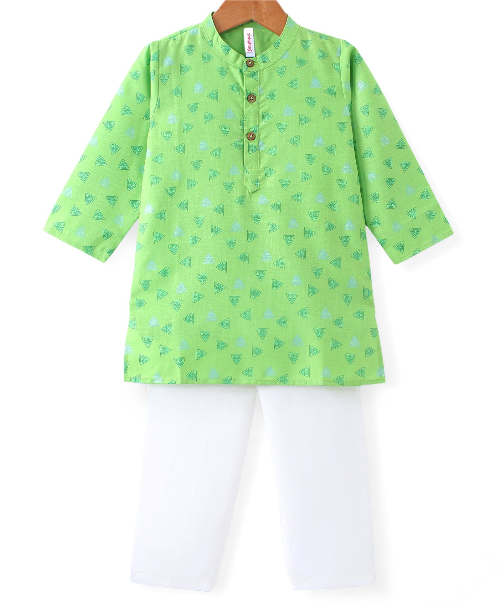 Babyhug Cotton Full Sleeves Kurta & Pyjama Set with Triangle Print- Green-picture-35
