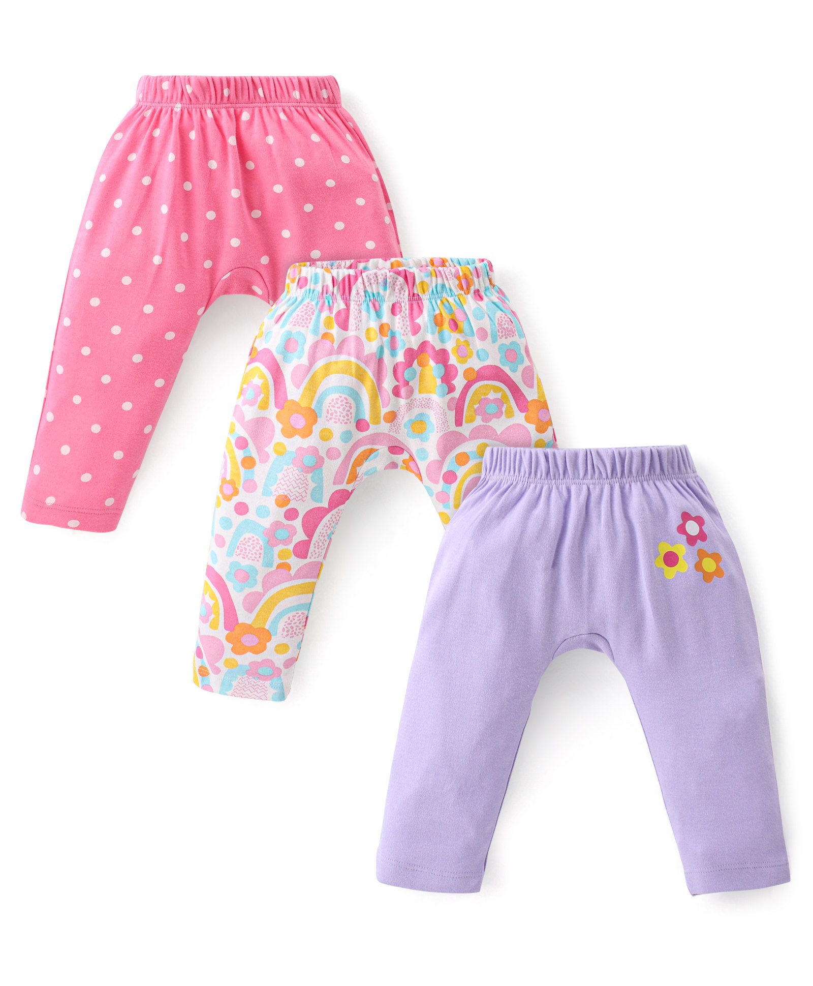 Babyhug Interlock Cotton Knit Full Length Diaper Leggings Solid Dot Floral Print Pack Of 3- Pink Purple & White-image-17