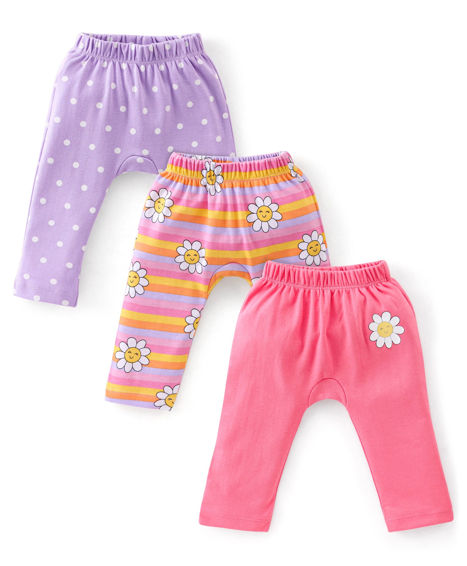 Babyhug Interlock Cotton Knit Full Length Floral Print Diaper Pants Pack of 3 - Multicolour-picture-38