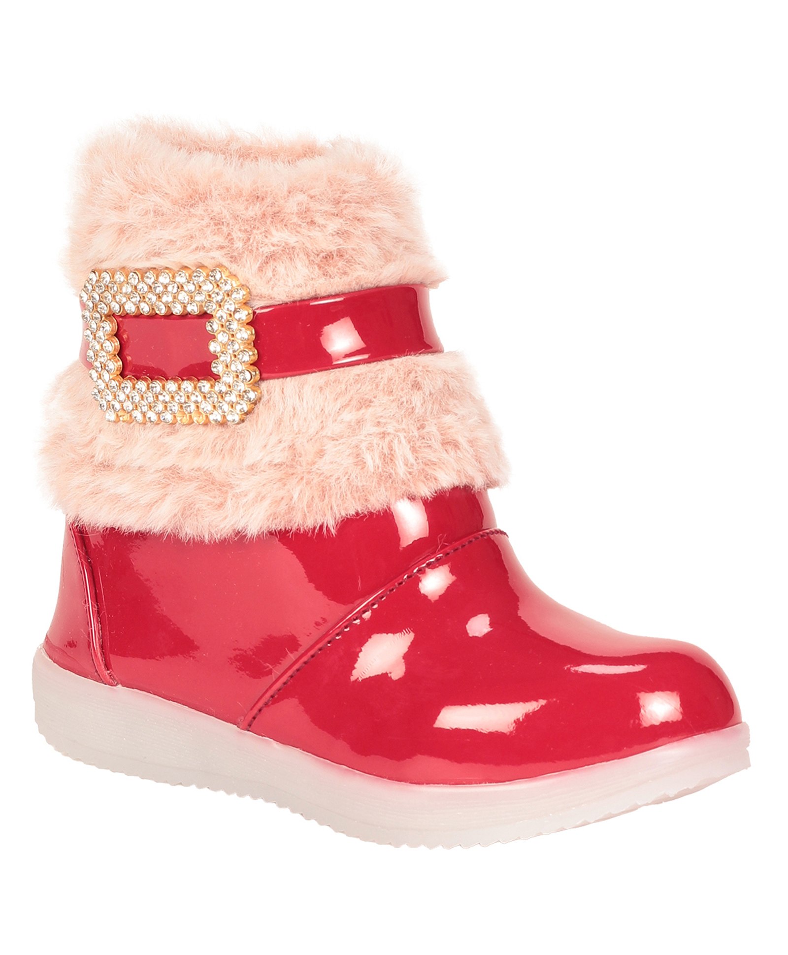 Lil Lollipop Stone Detailed Fur Embellished Glossy & Zipper Party Boots With Light - Red