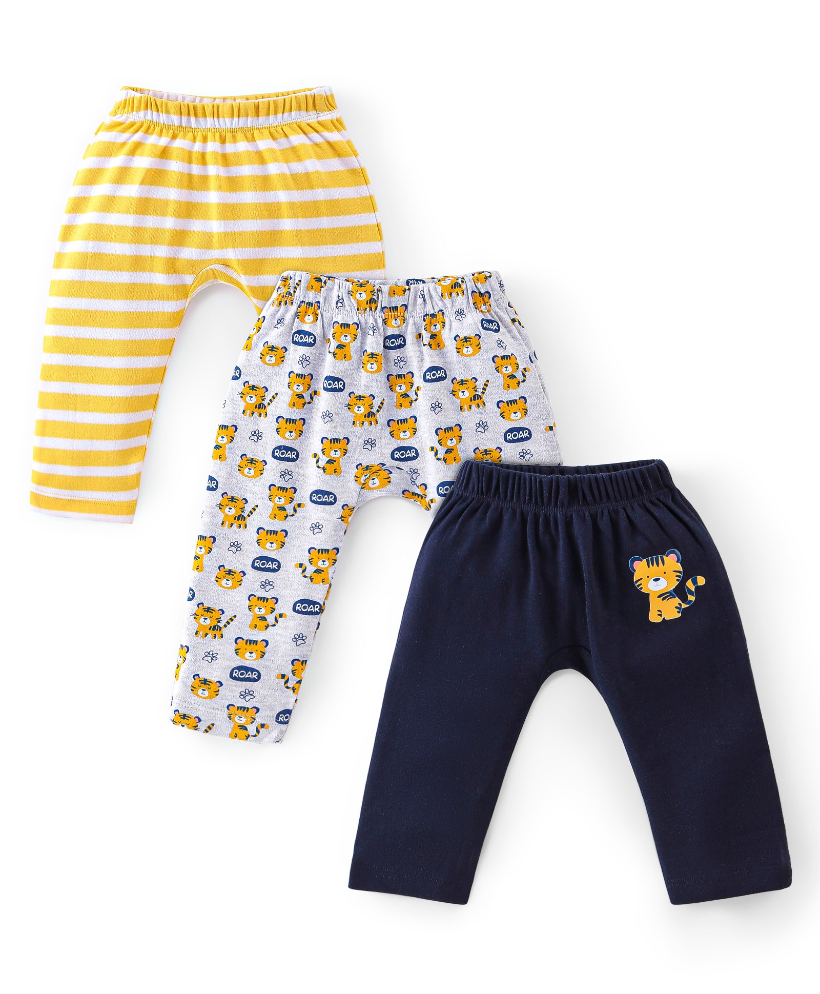 Babyhug Interlock Full Length Diaper Pants Tiger Printed & Striped Pack of 3 - Yellow & Blue-image-5