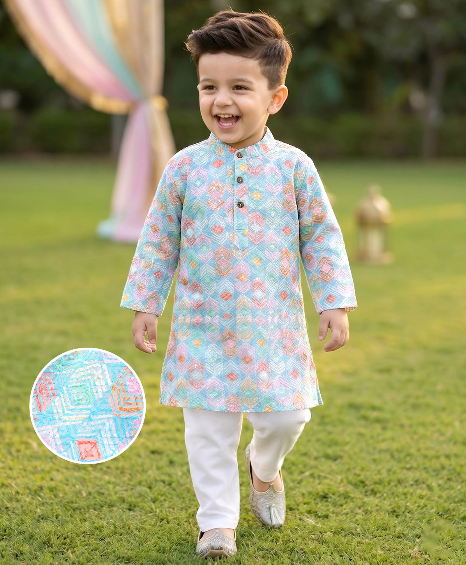 Babyhug Cotton Woven Full Sleeves Kurta & Pyjama Set With Ikat Print & Embroidery - Blue & White-image-49