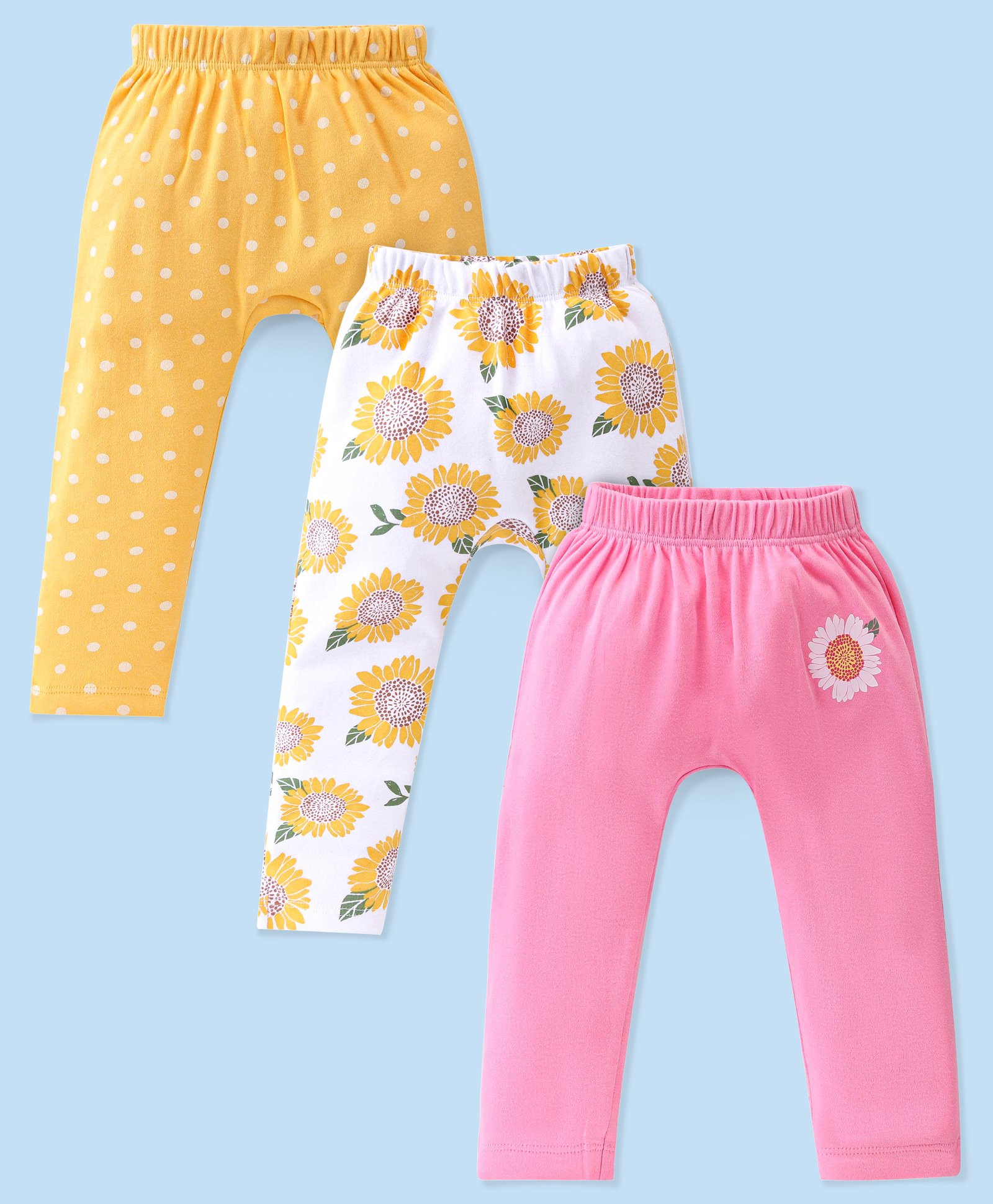 Babyhug Interlock Knit Full Length Diaper Pants Floral Printed Pack of 3 - Pink Yellow & White-picture-20
