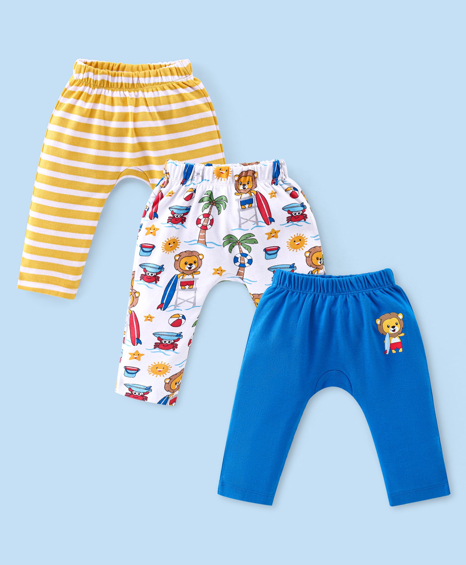 Babyhug Cotton Interlock Knit Full Length Diaper Pant Stripes & Lion Print Pack of 3 - Multicolor-image-21