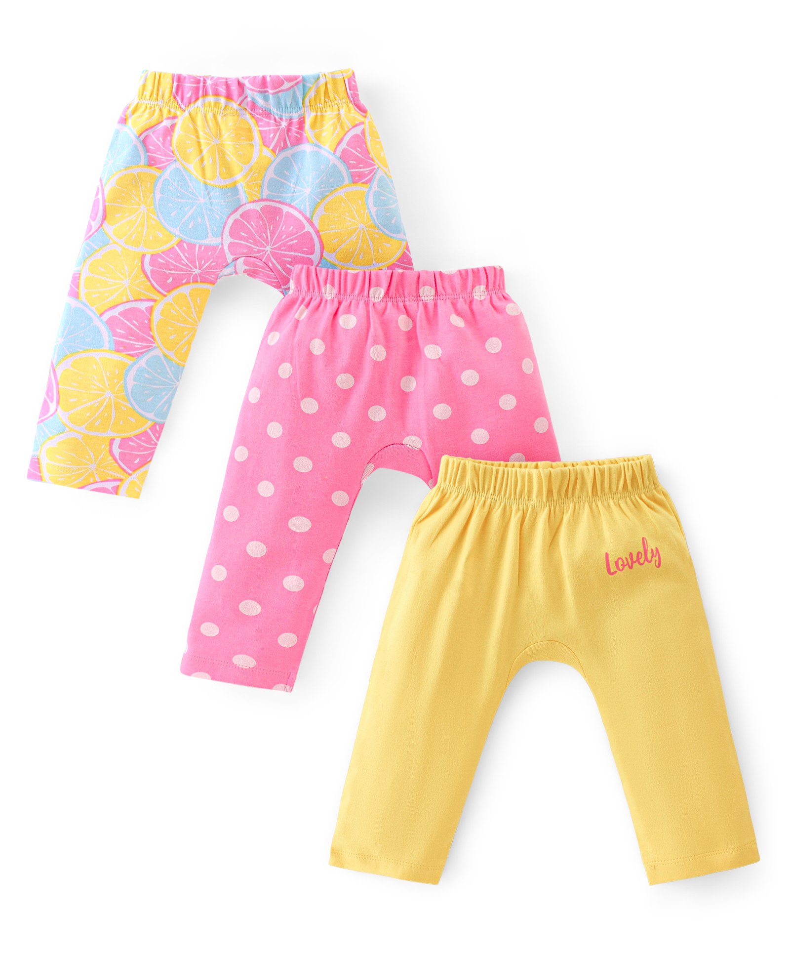 Babyhug Interlock Cotton Knit Full Length Diaper Leggings Solid Polka Dot & Fruit Print Pack Of 3- Pink Multicolor-image-4
