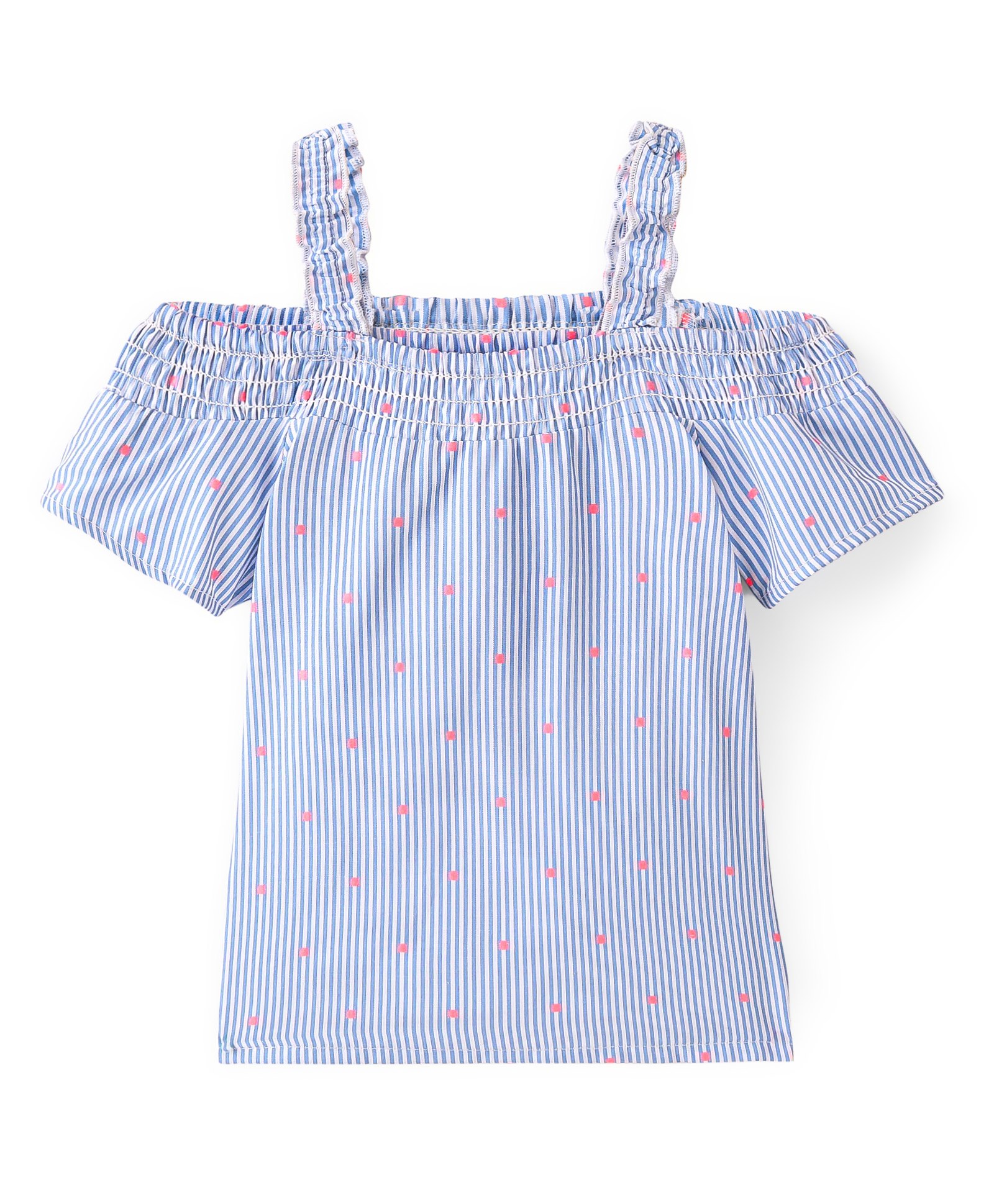 Babyhug Cotton Woven Yarn Dyed Dobby Off Shoulder Sleeve Striped Singlet Top - Blue-image-18