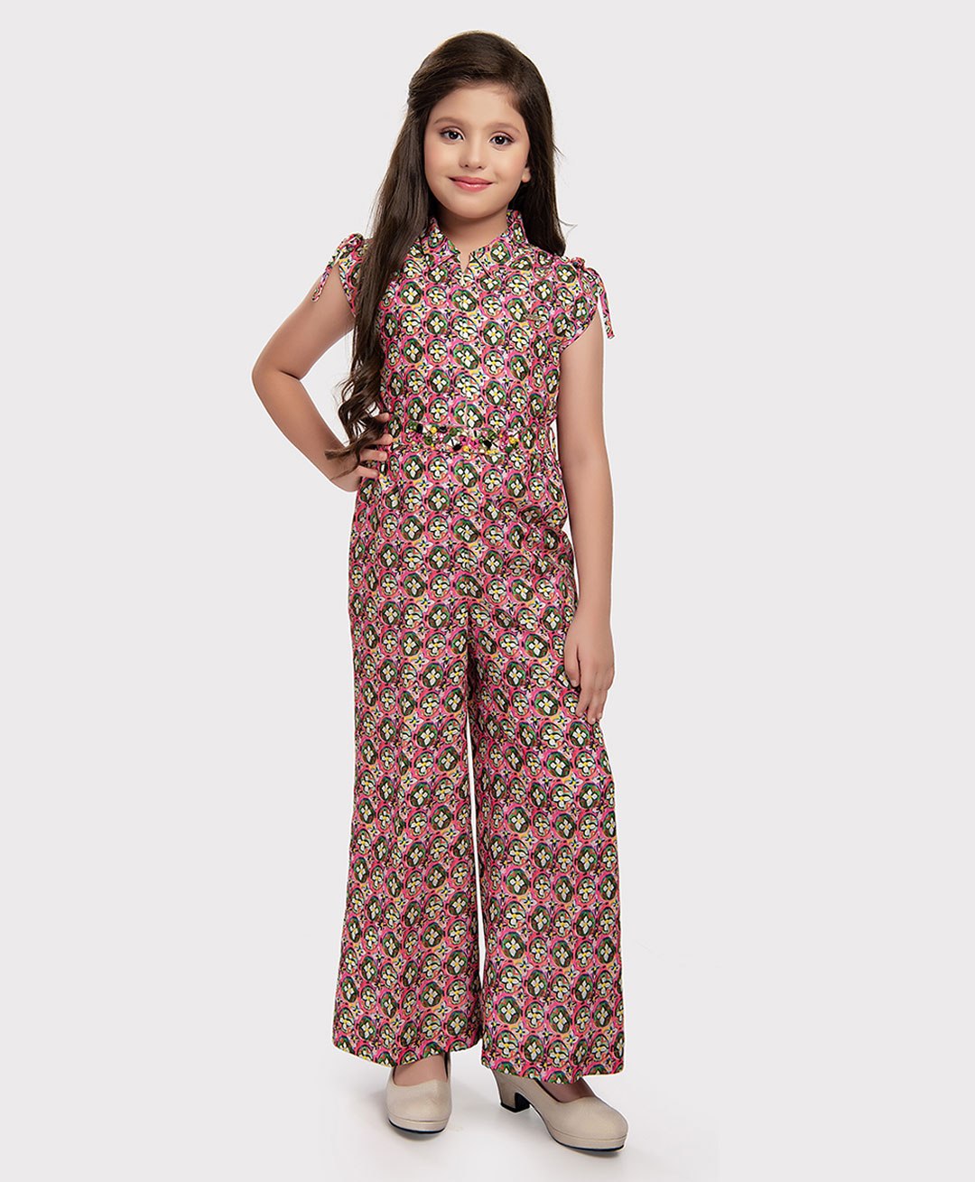 Tiny Baby Polyester  Half Sleeves Flower Motif Printed Jumpsuit With Coordinating Belt - Pink-image-9