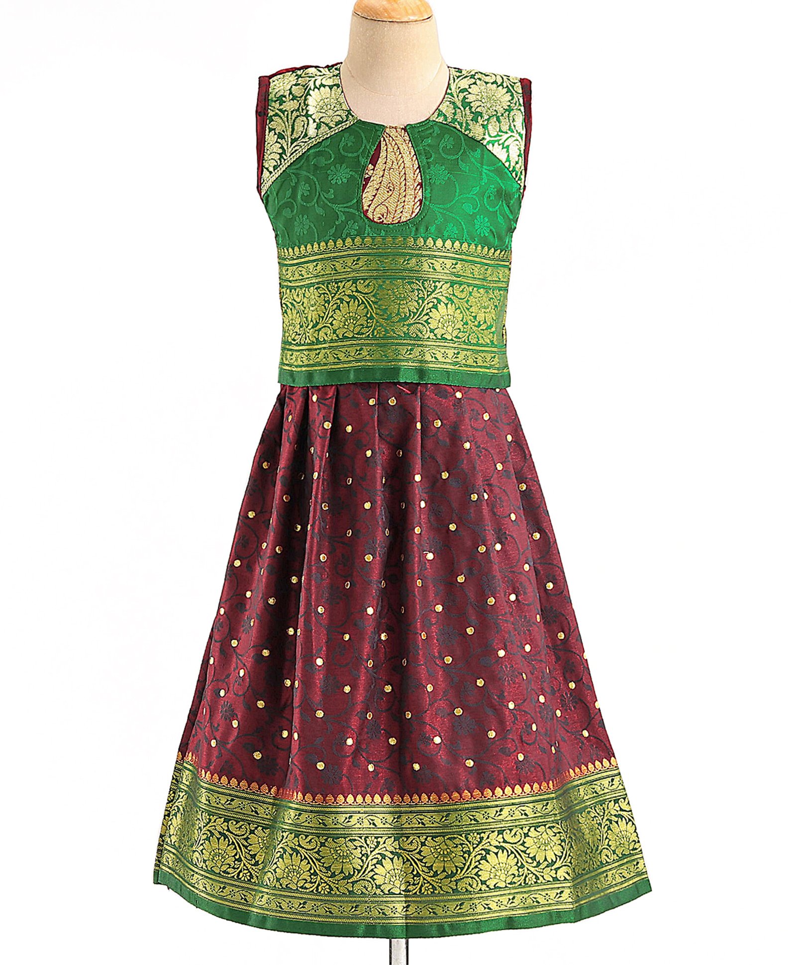 Bhartiya Paridhan Woven Sleeveless Choli & Lehenga With Gota Patti Print - Maroon & Green-image-15