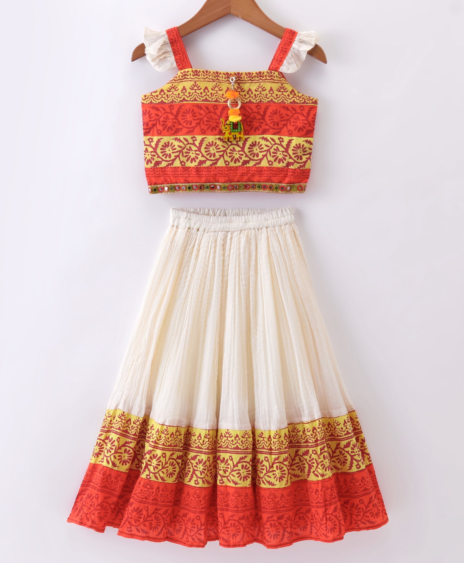 Twisha Sleeveless Floral Printed & Mirror Work Embroidered Top With Ghagra - Orange & Off White-image-6