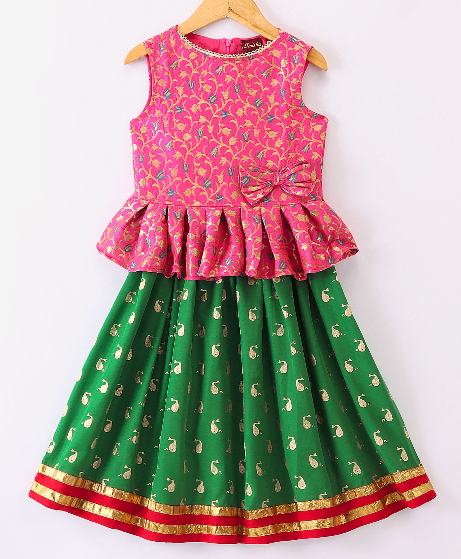 Twisha Sleeveless Floral Self Designed Peplum Top & Whale Foil Printed Ghagra - Pink & Green-image-37