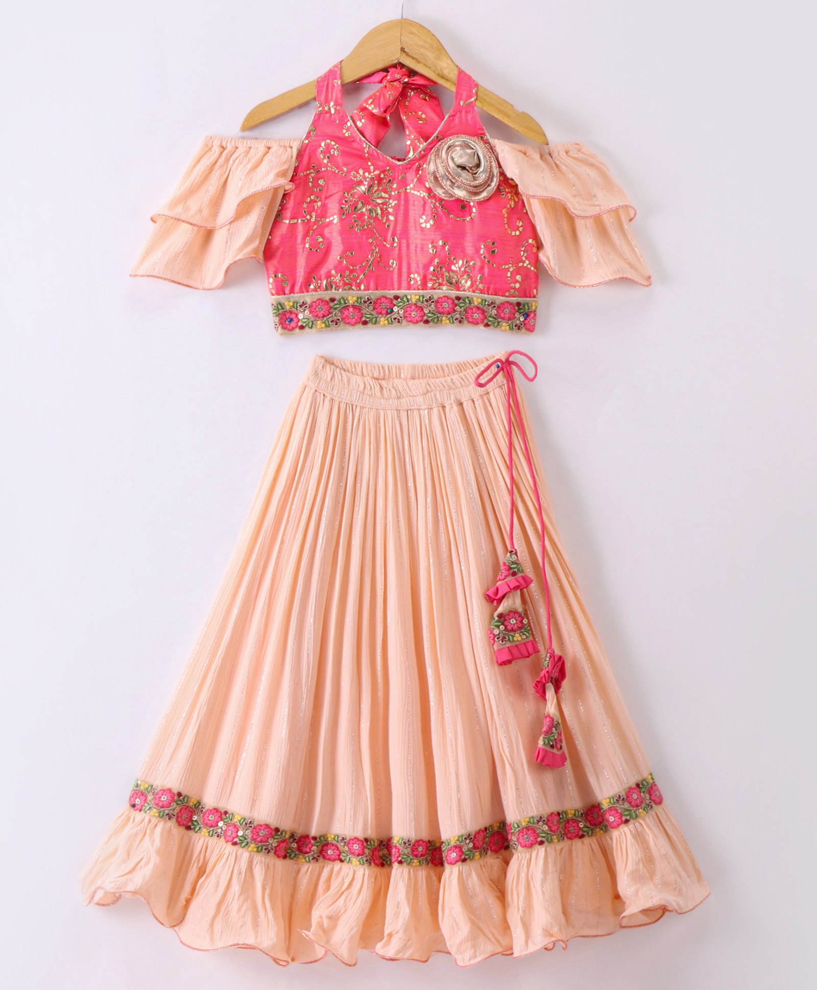 Twisha Cold Shoulder Half Sleeves Floral Embroidered & Foil Printed With Applique Detailed Ghagra & Choli Set - Coral Pink & Peach-image-13