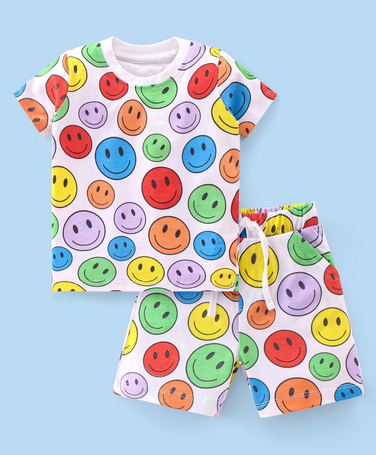 Babyhug Cotton Knit Half Sleeves Night Suit With Smiley Print - White-image-46