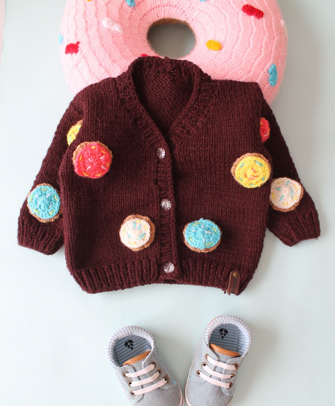 Woonie Full Sleeves Doughnuts Detailed  Hand Knitted Front Open Sweater - Brown-picture-21