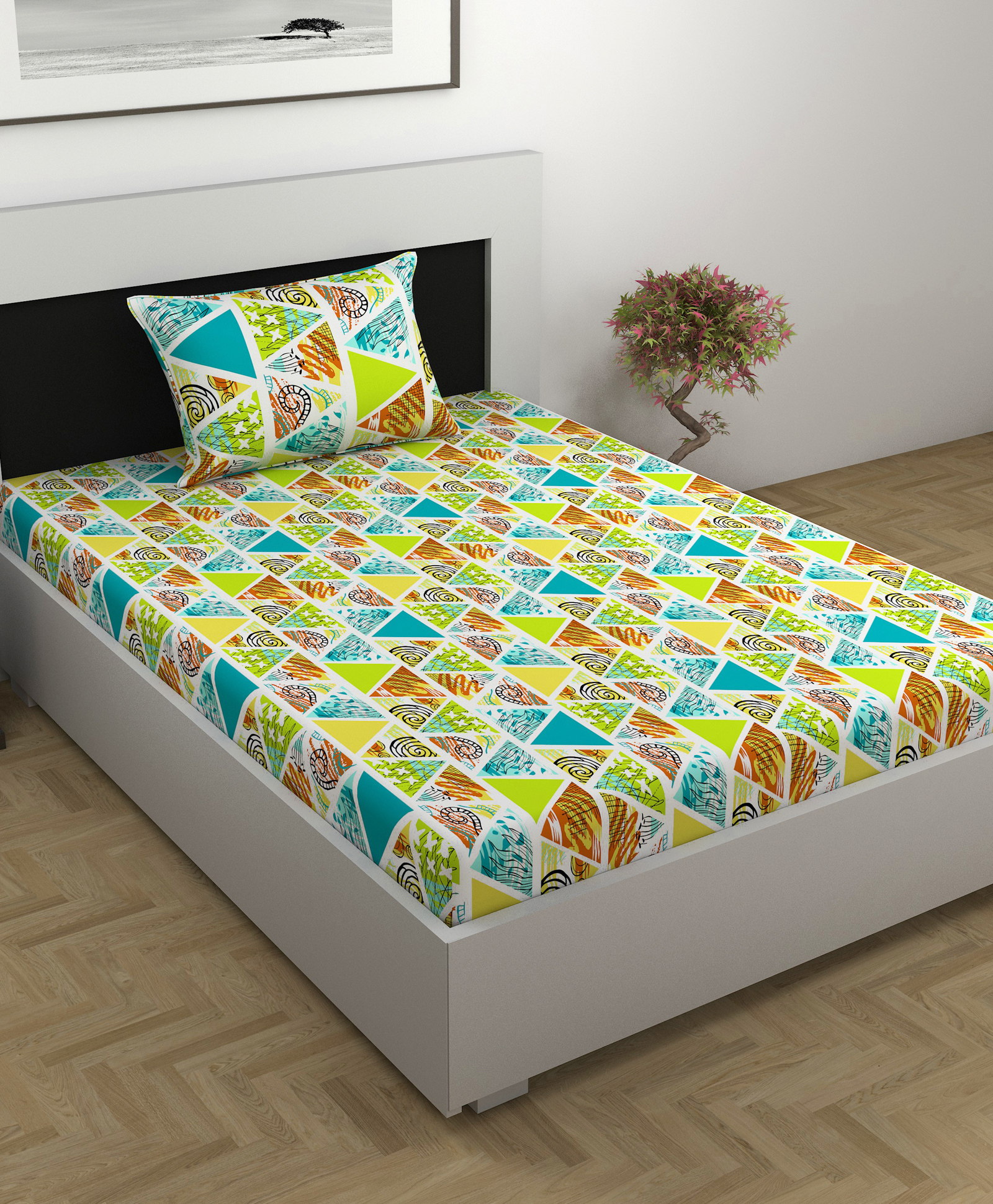 Divine Casa 100% Cotton 144TC Single Bedsheet with  Pillow Covers Geometric Print_Multicolor-picture-10