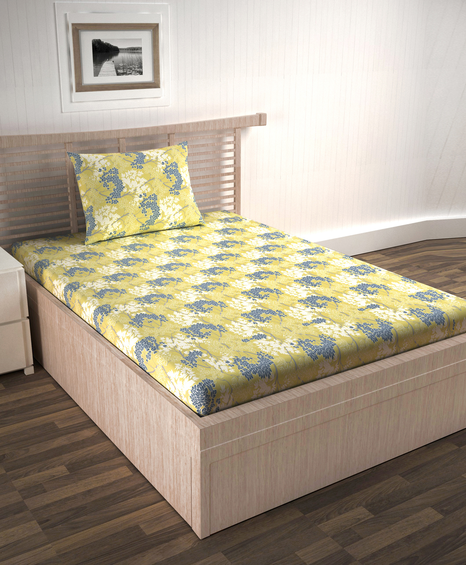 Divine Casa 100% 144 TC Floral Print Single Bed Elastic Fitted Bedsheet with 1 Pillow Cover_Juniper Green-picture-20