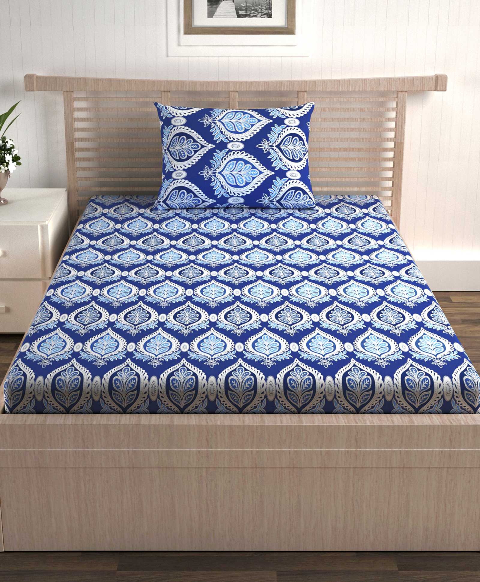 Divine Casa 100% 144 TC Paisley Print Single Bed Elastic Fitted Bedsheet with 1 Pillow Cover_Blue Ribbon-picture-11