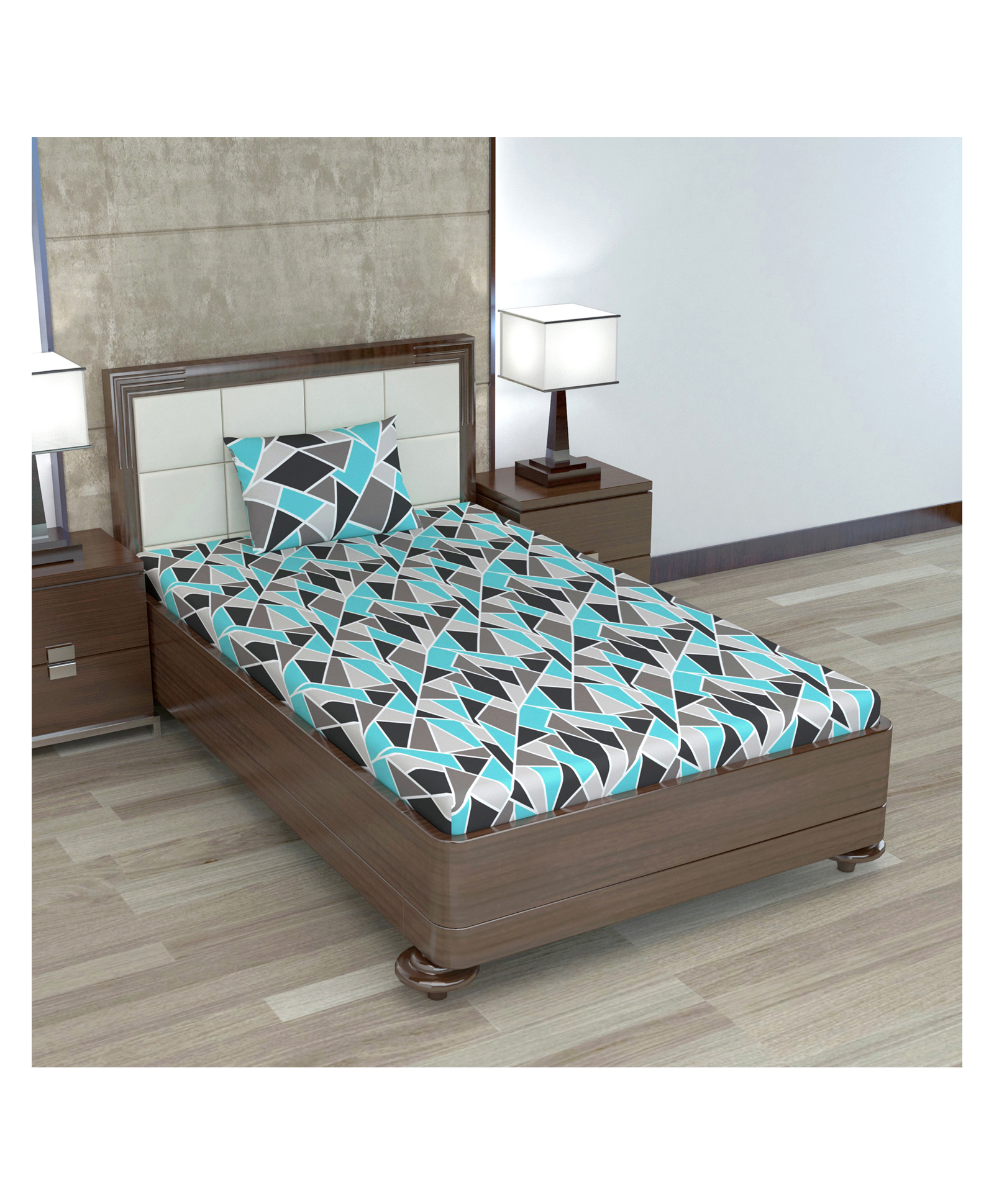 Divine Casa 100% Cotton 144TC King Size Bedsheet with 2 Pillow Covers Geometric Print_Blue and Grey-picture-19