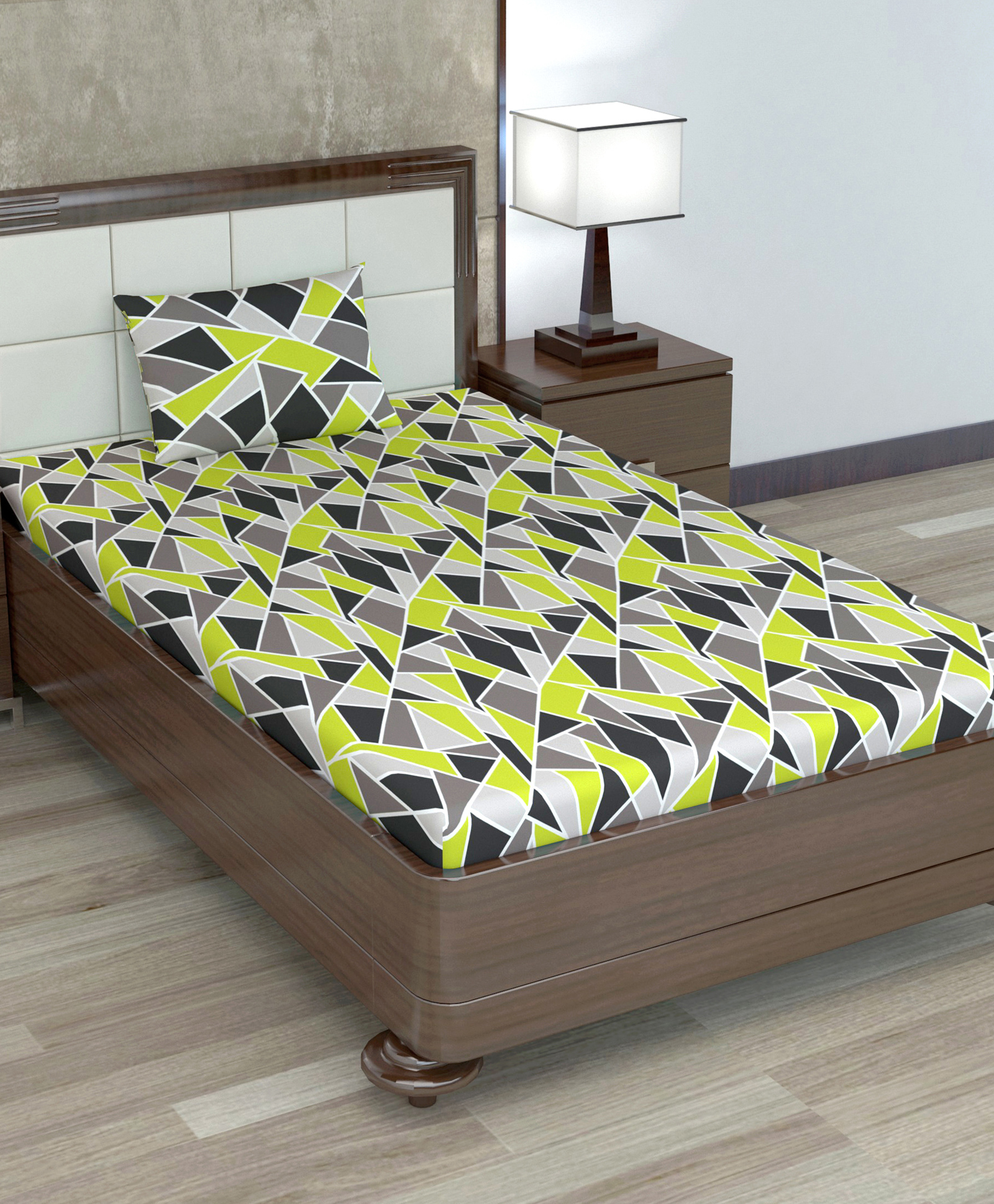 Divine Casa 100% Cotton 144TC Single Bedsheet with  Pillow Covers Geometric Print_Green and Grey-image-38