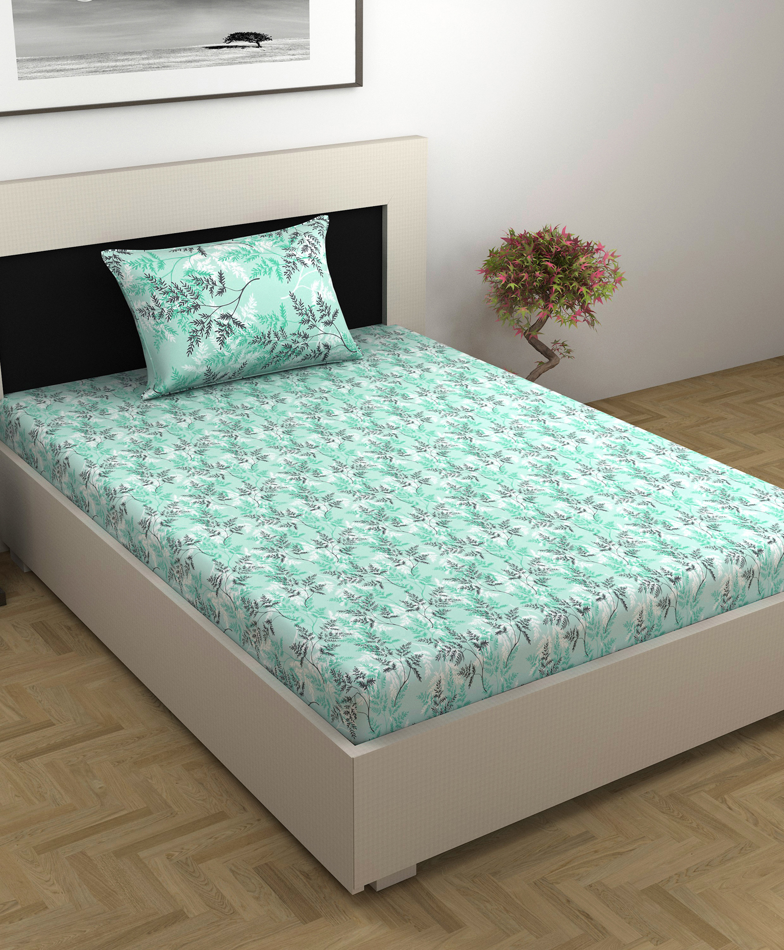 Divine Casa 100% Cotton 144TC Single Bedsheet with  Pillow Covers Floral Print - Sky Blue-picture-27