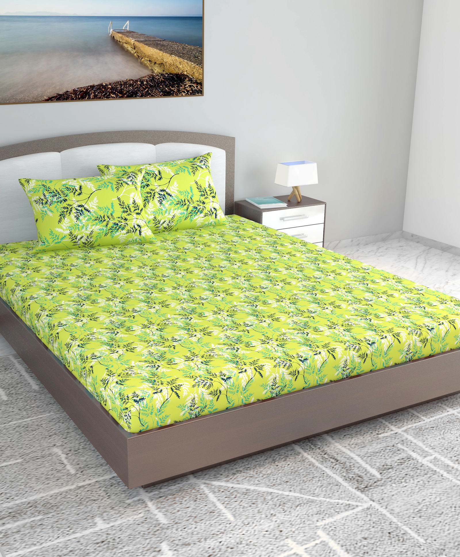 Divine Casa 100% Cotton 144TC King Size Bedsheet with 2 Pillow Covers Floral Print - Lime Green-picture-29