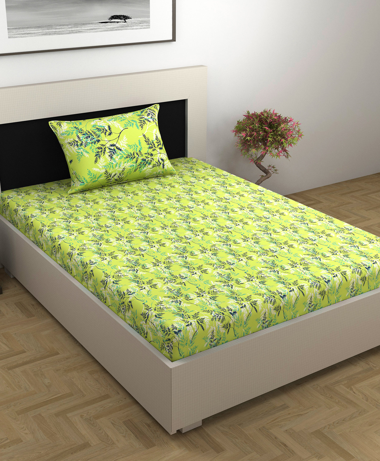 Divine Casa 100% Cotton 144TC Single Bedsheet with  Pillow Covers Floral Print - Lime Green-picture-19