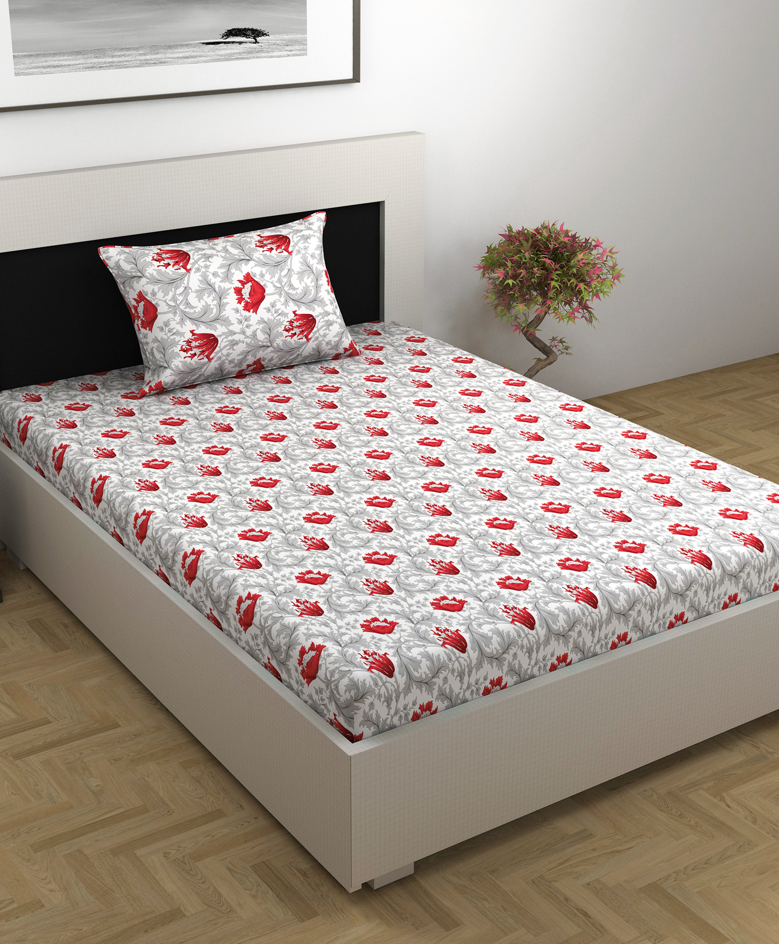 Divine Casa 100% Cotton 144TC Single Bedsheet with  Pillow Covers Floral Print - Grey and Orange-picture-28