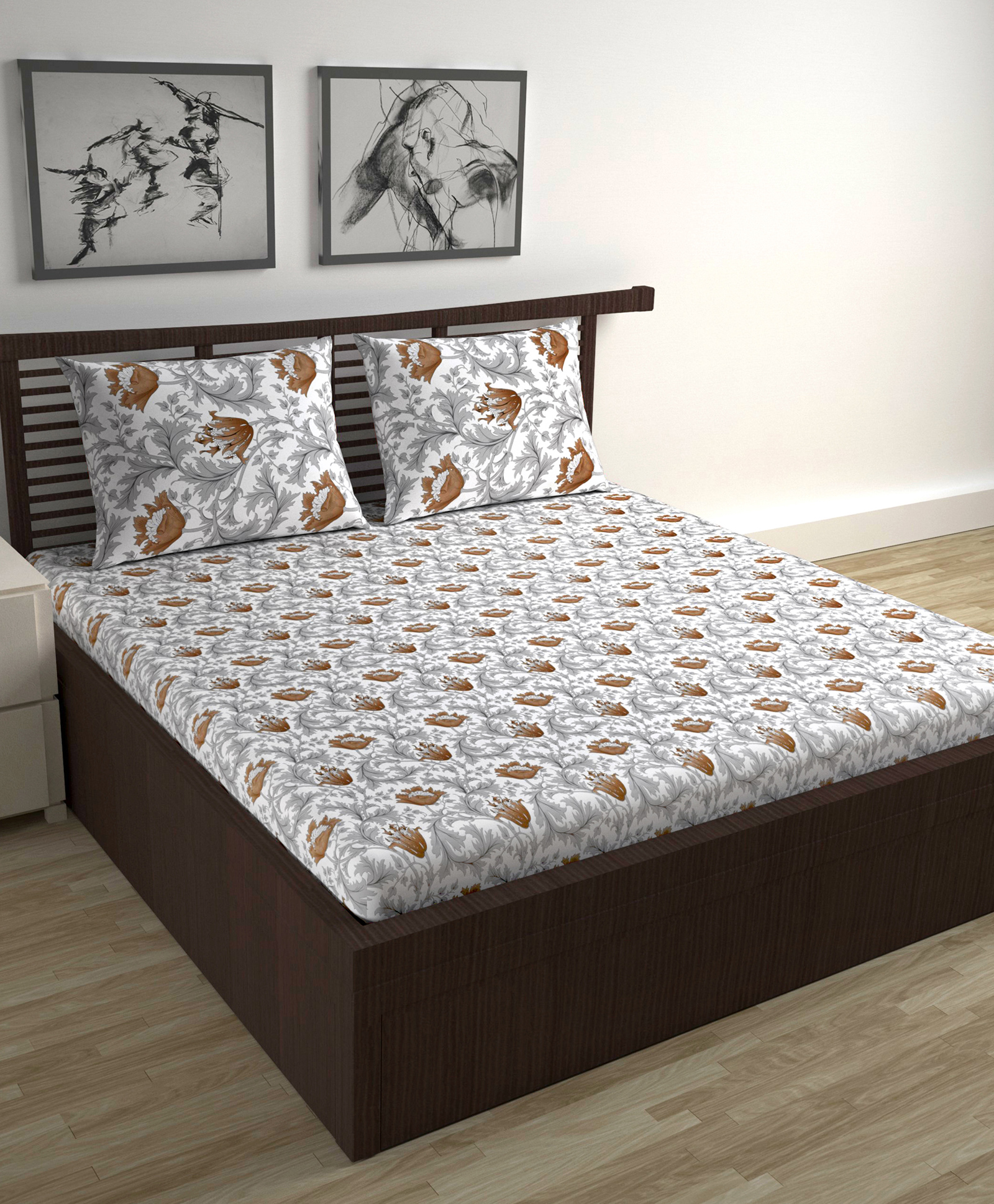 Divine Casa 100% Cotton 144TC Double Bedsheet with 2 Pillow Covers Floral Print_Grey and Brown-picture-15