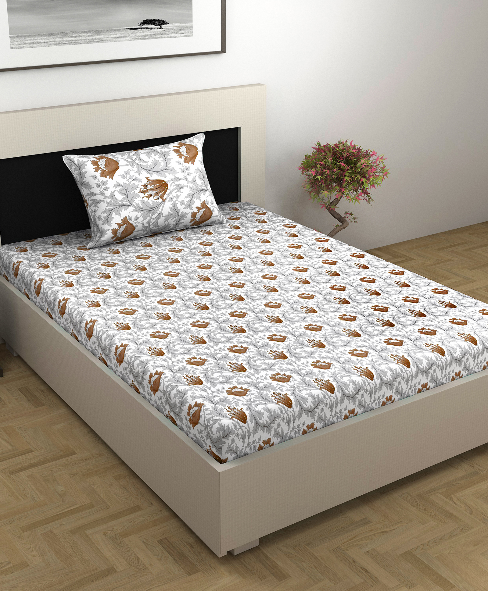 Divine Casa 100% Cotton 144TC Single Bedsheet with  Pillow Covers Floral Print - Grey and Brown-picture-10
