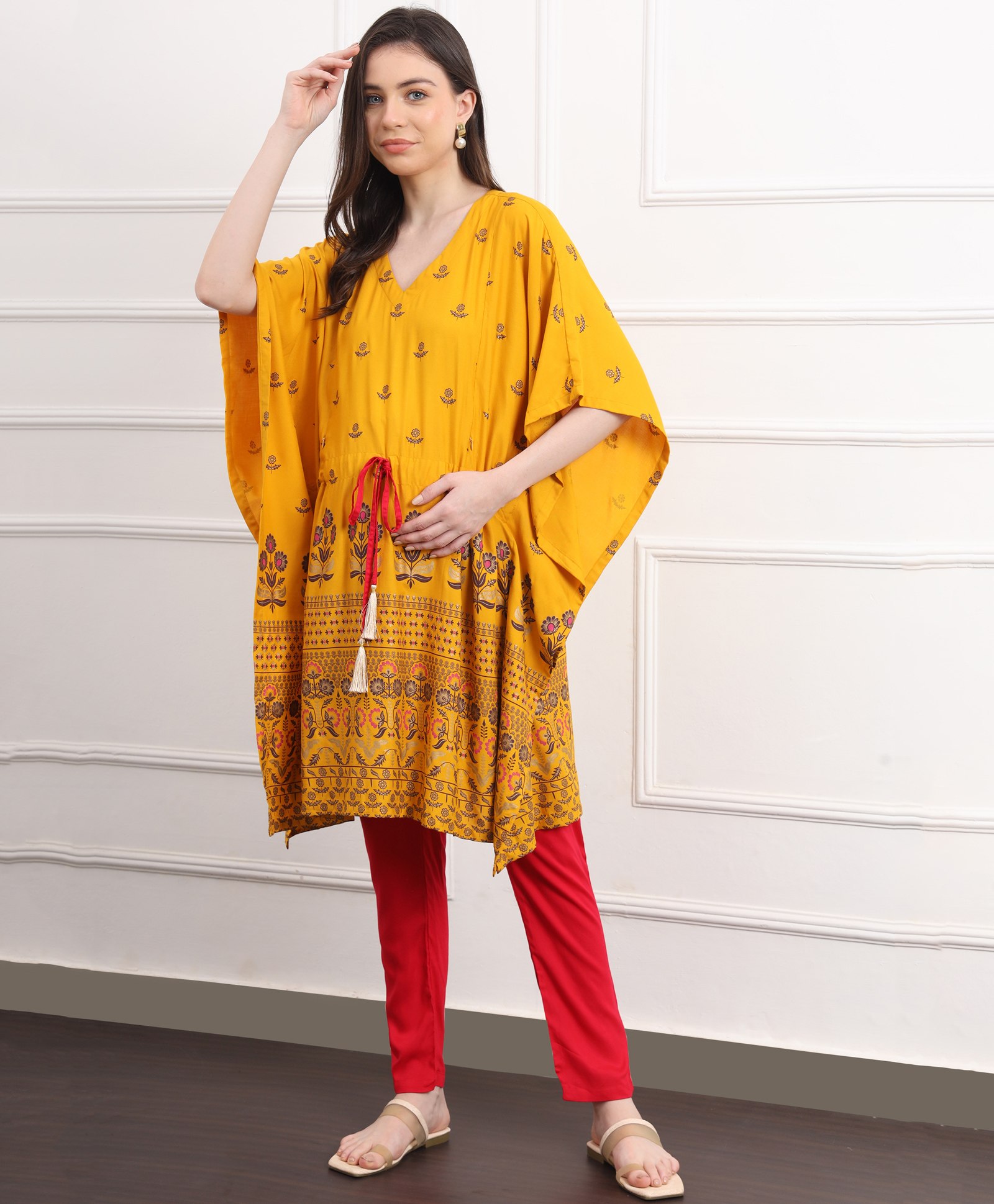 Zelena Half Batwing Sleeves Floral Motif Printed Maternity Kaftan Set With Concealed Zipper Nursing Access - Yellow-image-8