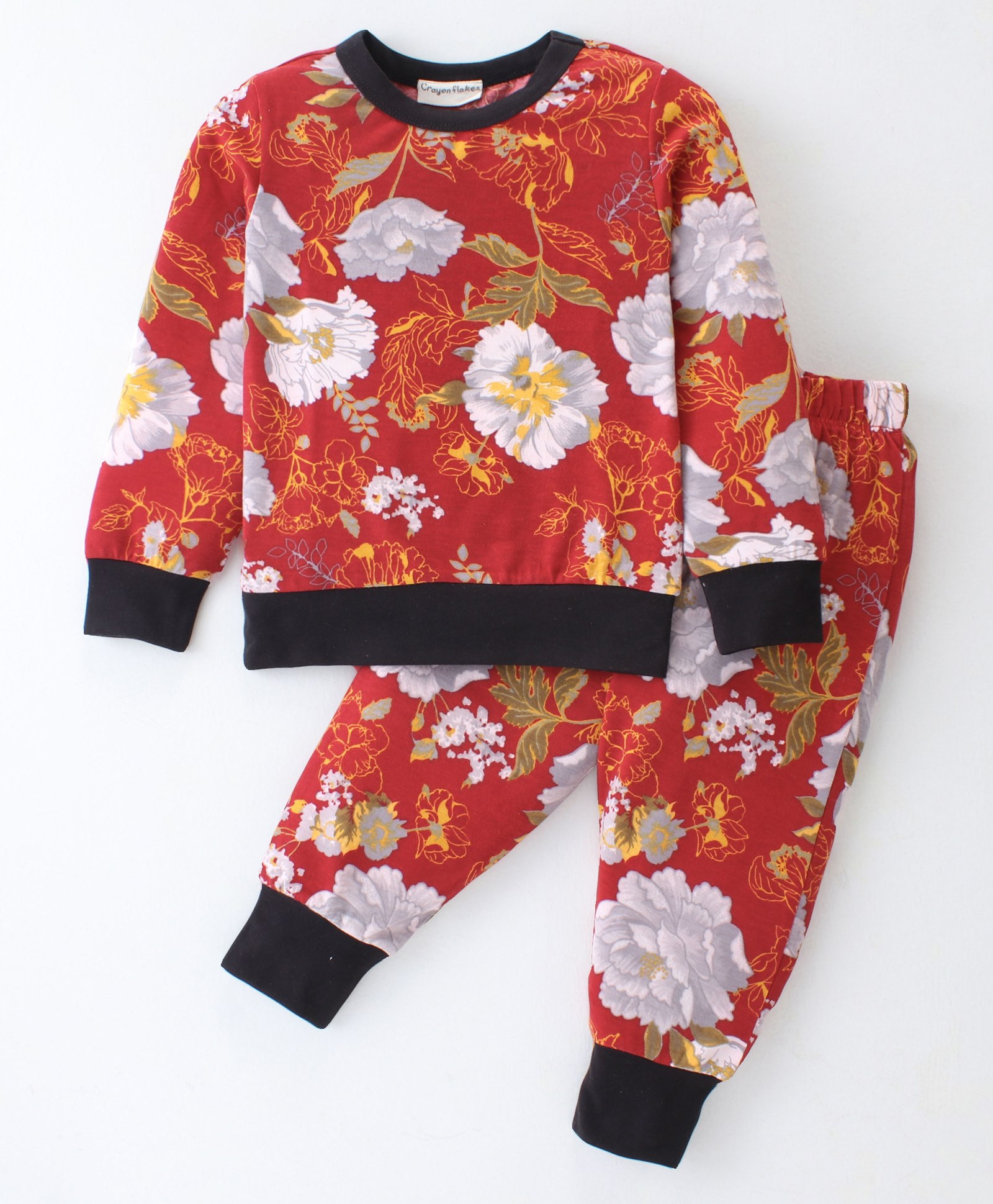 CrayonFlakes Full Sleeves Floral Printed Coordinating Sweatshirt & Joggers Set - Red-picture-49