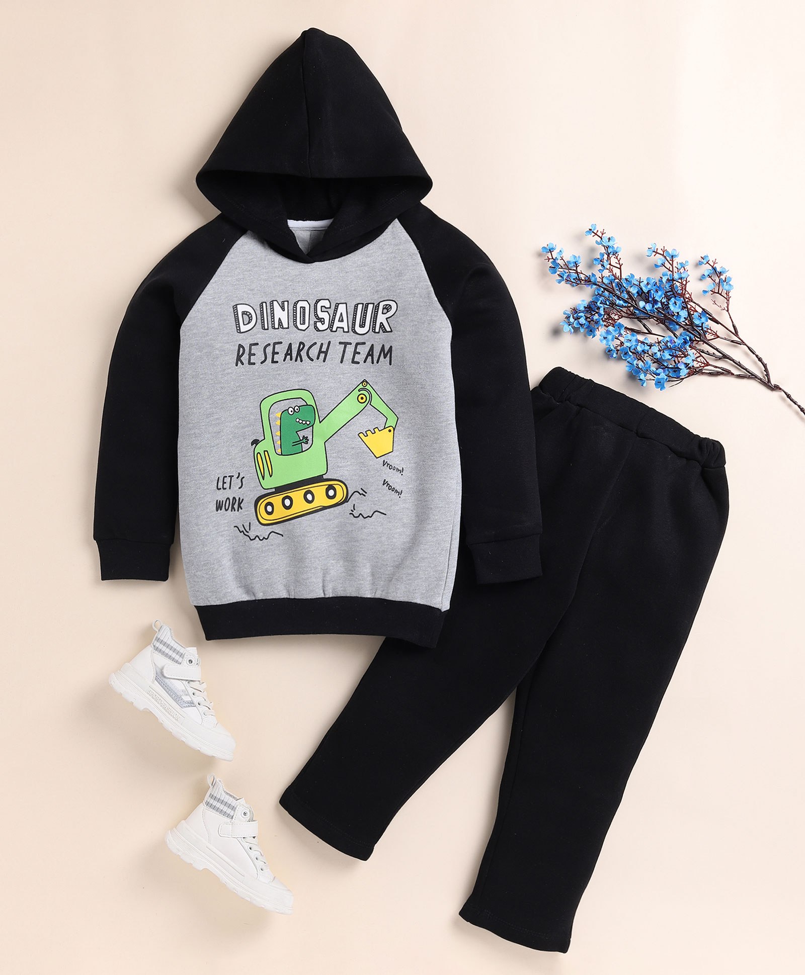Little Marine Raglan Full Sleeves Dinosaur Research Team Printed Hooded Sweatshirt With Track Pant - Grey & Navy Blue-picture-18