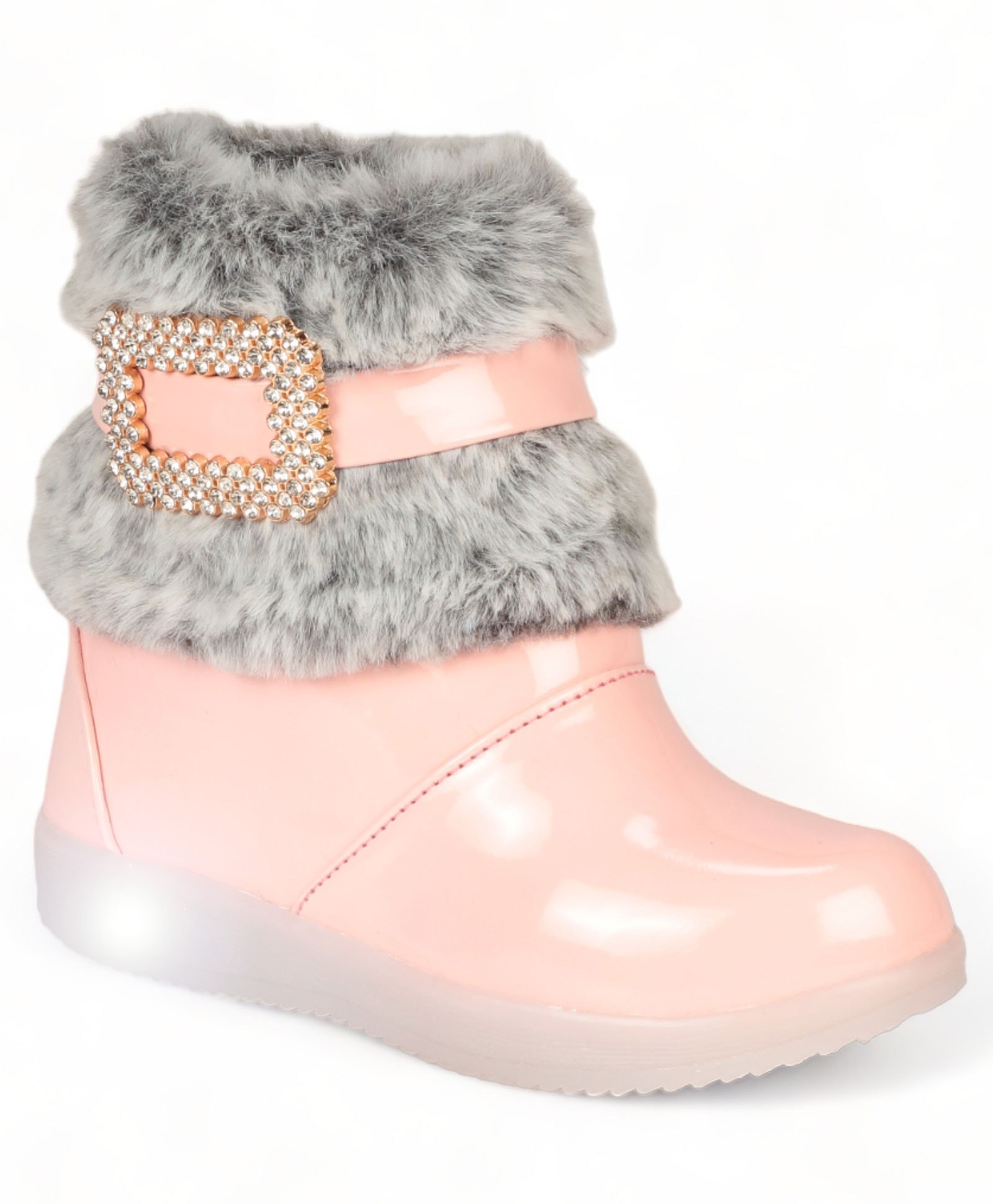 Lil Lollipop Stone Detailed Fur Embellished Zipper Party Boots With Light & Glossy Finish  - Pink-image-38