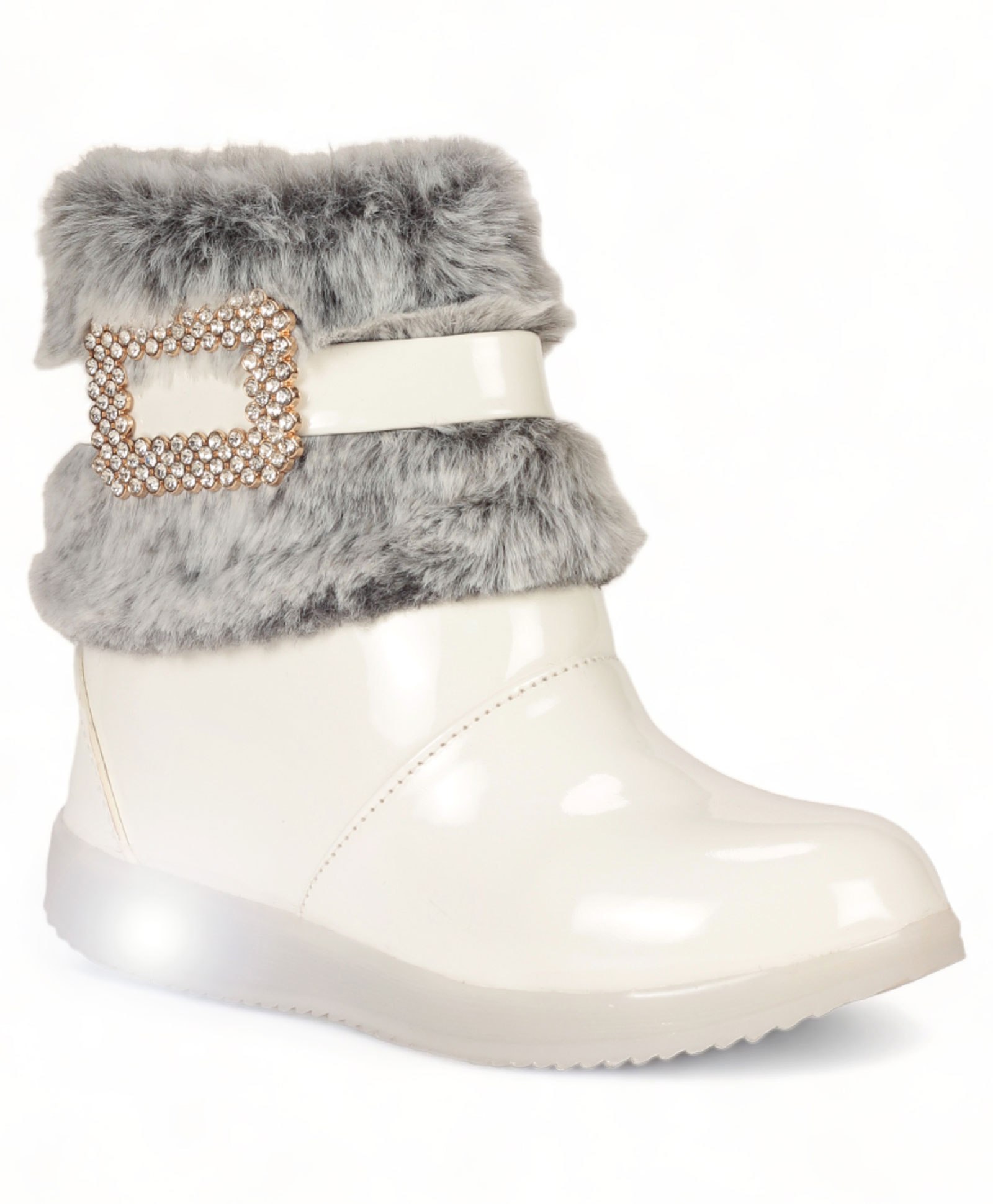 Lil Lollipop Stone Detailed Fur Embellished Zipper Party Boots With Light & Glossy Finish - White